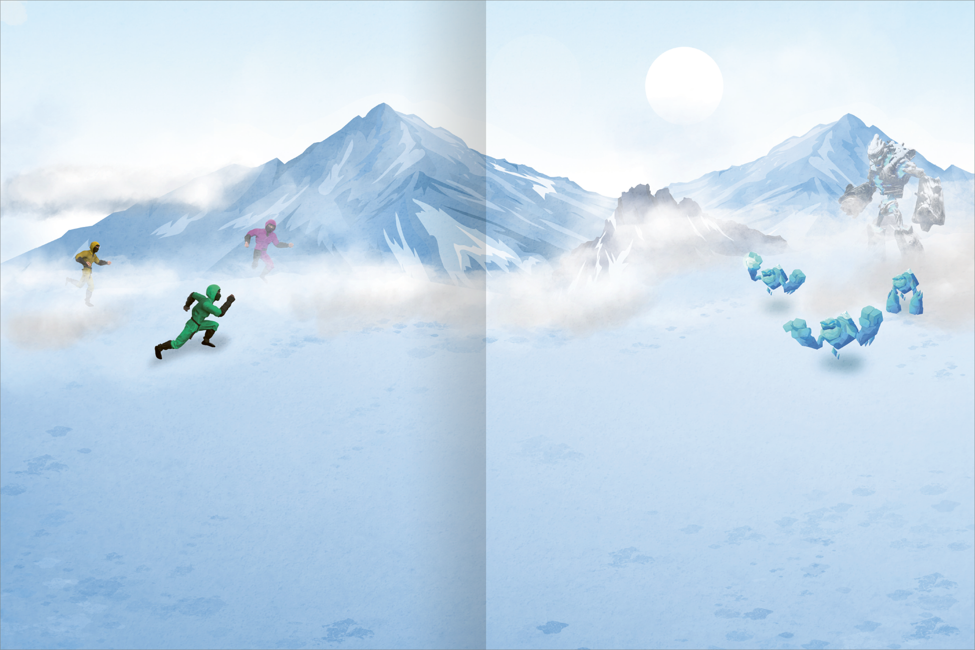 Gezeigt wird eine Innen- oder Zusatzansicht von „Mein Ninja-Stickerbuch“. Die Illustration zeigt eine verschneite Landschaft mit hohen Bergen im Hintergrund unter einem hellblauen Himmel. In der Mitte sind vier Ninja-Figuren in kräftigen Farben (grün, gelb, pink und blau) abgebildet, die sich dynamisch bewegen. Die Typografie ist verspielt und farbenfroh, um den kindlichen Entdeckergeist anzusprechen. Insgesamt vermittelt das Bild Abenteuer und Freude am Spielen.