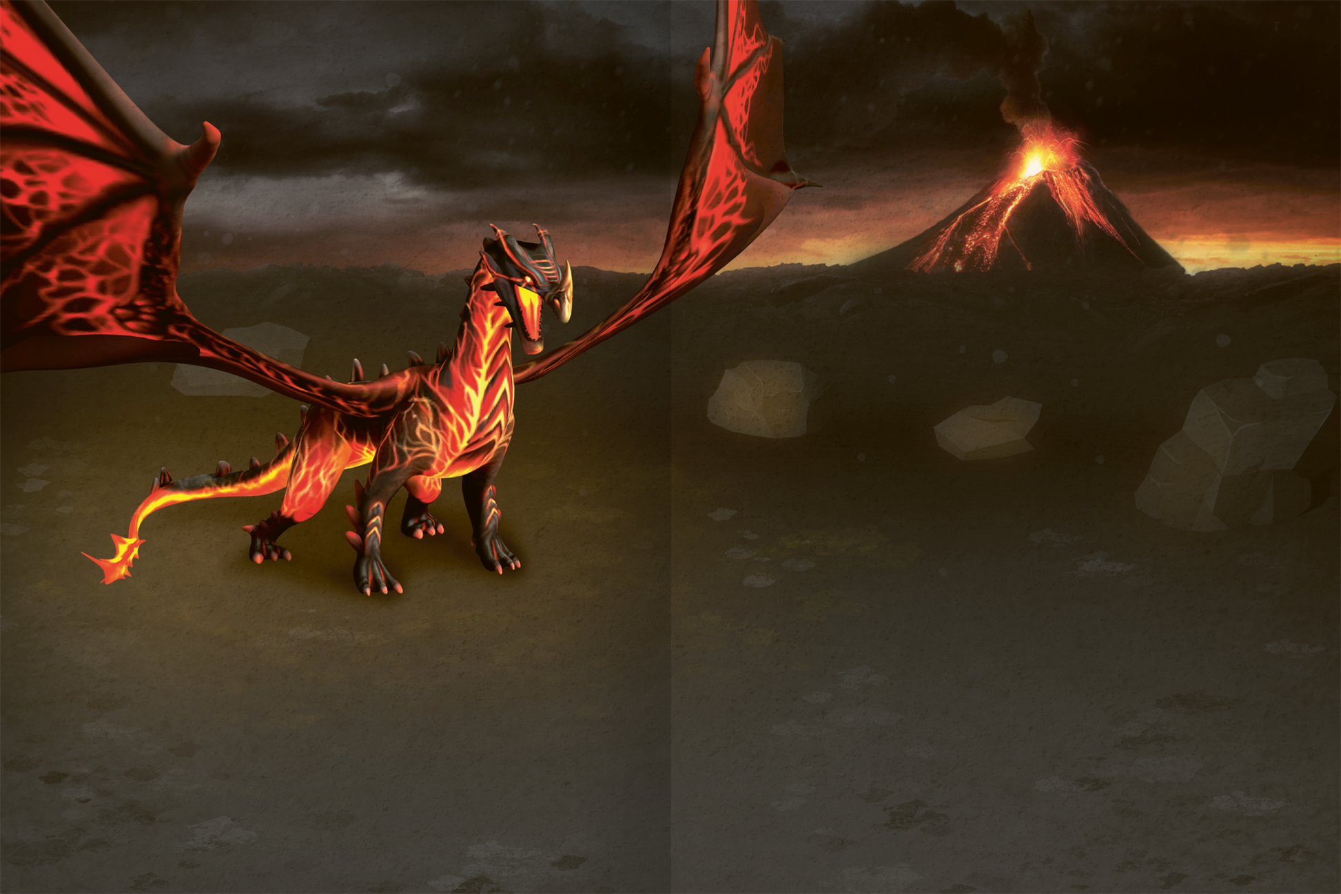 Gezeigt wird eine Innen- oder Zusatzansicht von „Mein Ninja-Stickerbuch“. Die Illustration zeigt einen beeindruckenden Drachen mit leuchtend roten und schwarzen Schuppen, der breit gefächerte Flügel hat. Im Hintergrund ist ein Vulkan zu sehen, der Feuer speit, und die Szenerie wird von dunklen, dramatischen Wolken umrahmt. Die Typografie ist kindgerecht und verspielt, mit klaren, großen Buchstaben in bunten Farben, die zur fantasievollen Gestaltung des Buches passen.