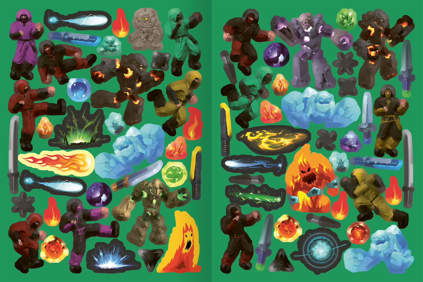 Gezeigt wird eine Innenansicht von „Mein Ninja-Stickerbuch“. Auf einem leuchtend grünen Hintergrund sind verschiedene Sticker abgebildet. Die Bilder beinhalten Ninjas in unterschiedlichen Posen, fantasievolle Elemente wie Feuer und Wasser sowie magische Gegenstände. Dominant sind die Farben Rot, Blau, Lila und Orange. Die Typografie ist kindgerecht und verspielt, wobei die Schrift klar lesbar bleibt und zur aufregenden Gestaltung beiträgt.