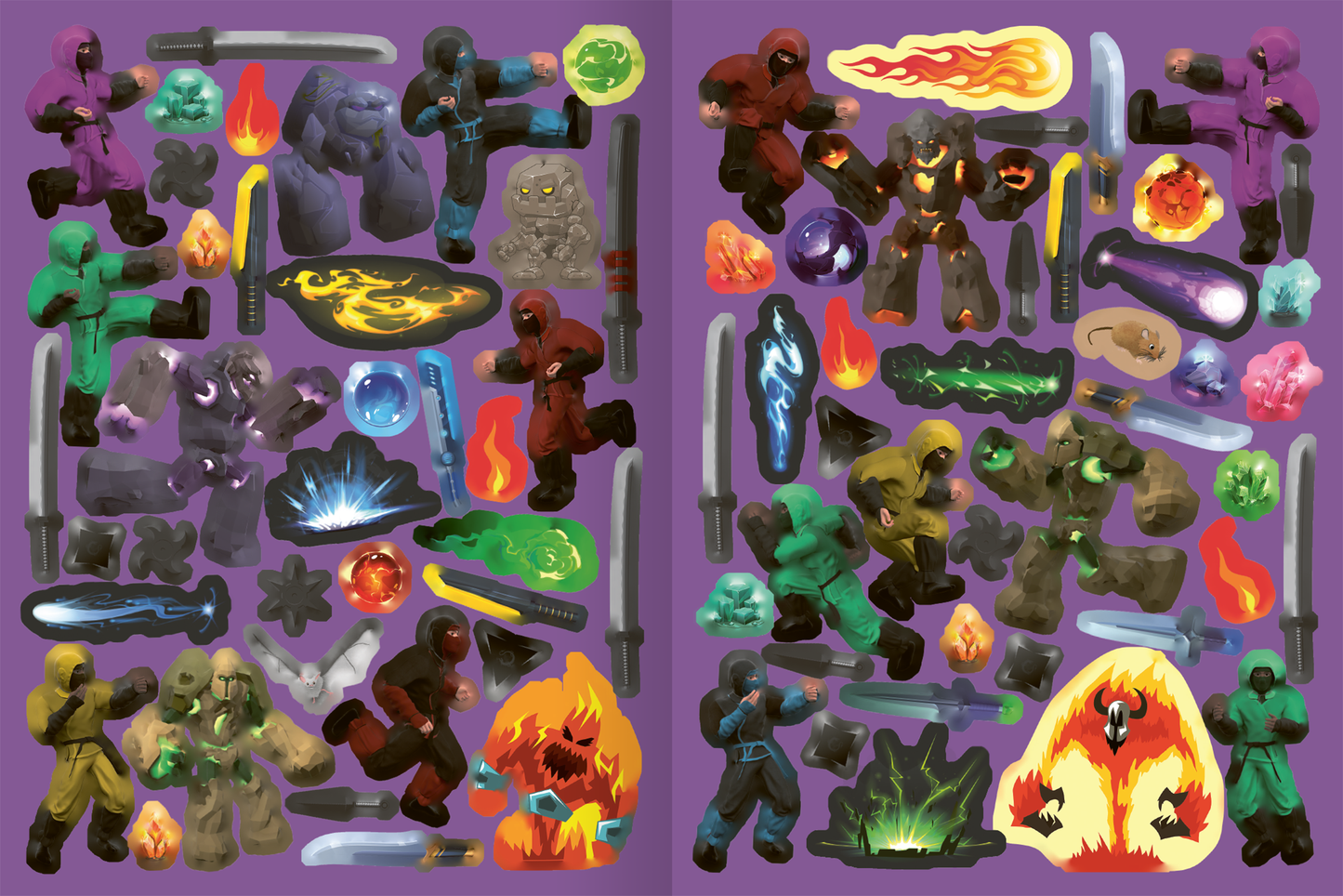 Gezeigt wird eine Innen- oder Zusatzansicht von „Mein Ninja-Stickerbuch“. Die Seite ist in leuchtenden Farben gestaltet, hauptsächlich in Violett und Grün, und zeigt eine Vielzahl von Aufklebern. Darunter befinden sich Ninja-Figuren, Schwerter, Flammen und verschiedene magische Symbole. Die Illustrationen sind detailliert, mit lebendigen Farben, die Spannung vermitteln. Die Typografie ist kindgerecht und umfasst leicht lesbare Schriftarten, die die Spieler zum kreativen Gestalten einladen.