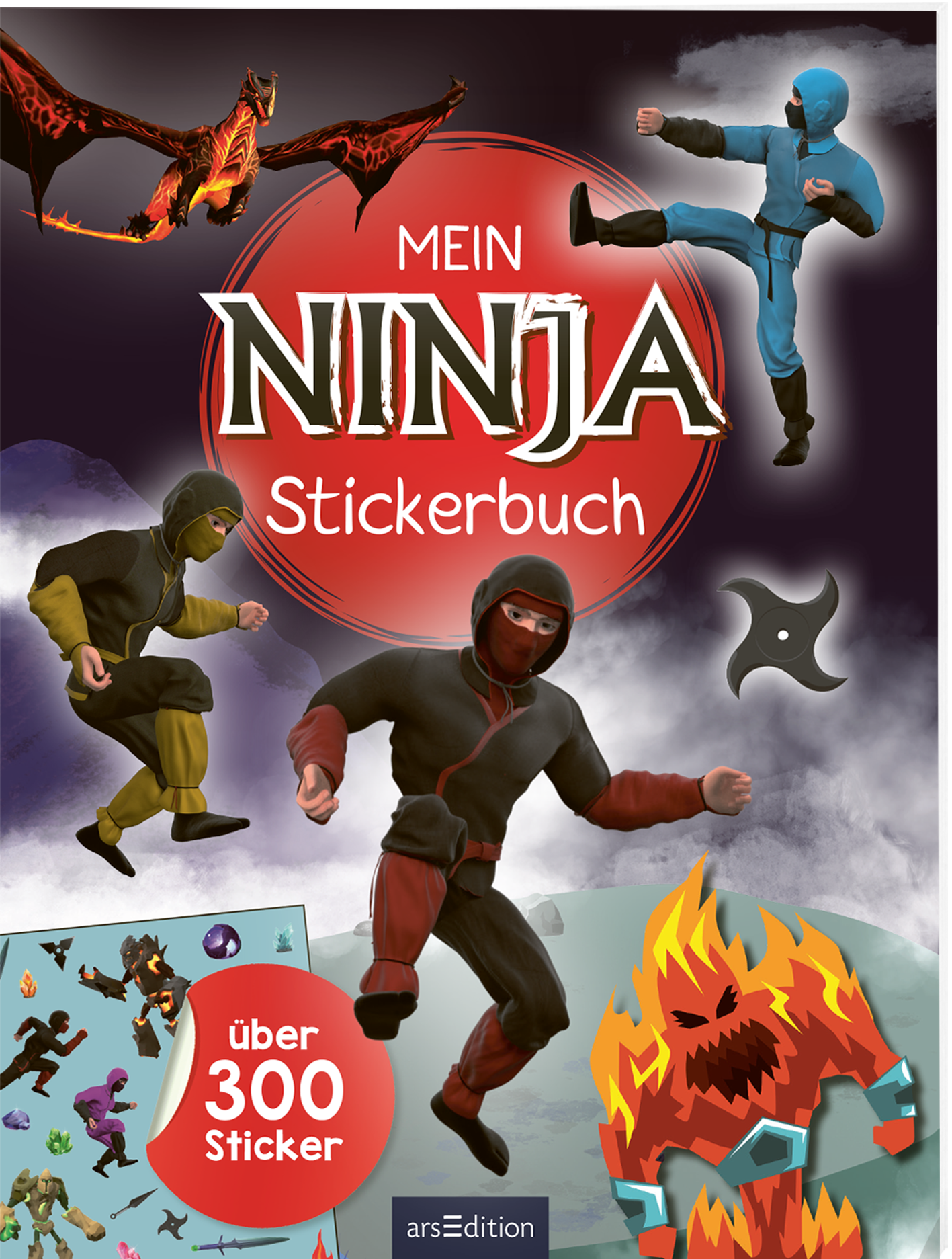 Auf dem Cover des Buches „Mein Ninja Stickerbuch“ stehen in großen, dynamischen Buchstaben die Worte „MEIN NINJA“, umrahmt von einem roten Kreis. Darunter befindet sich der Titel „Stickerbuch“. Im Hintergrund sind stilisierte Szenen mit kampfbereiten Ninjas und Drachen zu sehen, die eine abenteuerliche Atmosphäre erzeugen. In der unteren linken Ecke ist eine farbige Anzeige mit vielfältigen Stickern abgebildet, die den Text „über 300 Sticker“ trägt. Ganz unten mittig steht...