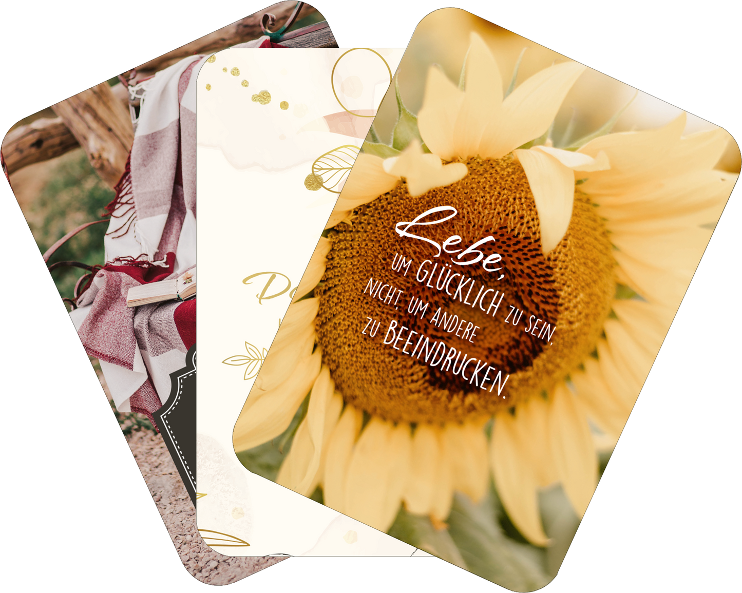 Gezeigt wird eine Innen- oder Zusatzansicht von „Weisheiten für die Seele“. Die Ansicht zeigt mehrere Karten mit unterschiedlichen Designs. Eine Karte im Vordergrund hat ein großes Sonnenblumenmotiv und den Text „Lebe um GLÜCKLICH zu sein, nicht um andere zu beeindrucken“ in geschwungener, weißer Schrift. Die Farben sind warm und einladend, mit sanften Gelb- und Erdtönen. Die anderen Karten im Hintergrund sind mit floralem und geometrischem Muster verziert.