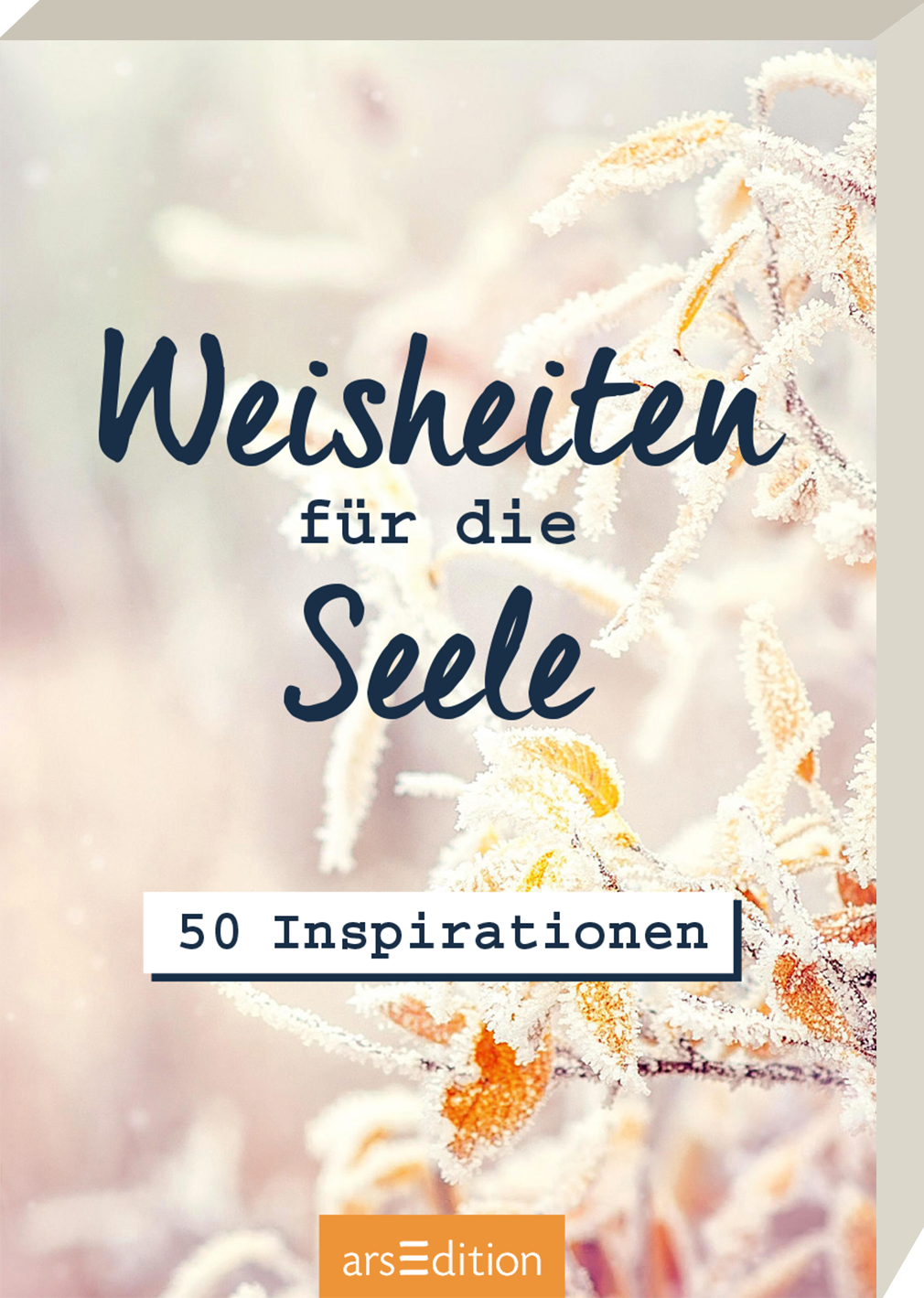 Das Buchcover zeigt eine sanfte, frostige Hintergrundszene mit zarten, glitzernden Pflanzen und Ästen, die durch eine frostige Schicht gedeckt sind. Der Titel „Weisheiten für die Seele“ ist in eleganter, blauer Schrift oben platziert, während „50 Inspirationen“ in einem klaren, weißen, rechteckigen Feld mittig erscheint. Die Farbpalette wirkt beruhigend und inspirierend. Ganz unten mittig steht der Logoschriftzug von arsEdition.
