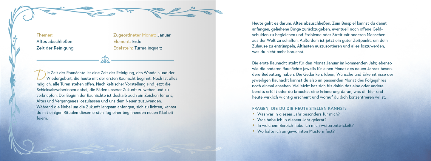 Gezeigt wird eine Innenansicht von „Magie der Raunächte“. Die Seiten sind in sanften Blau- und Cremetönen gestaltet, wobei eine zarte, ornamentale Umrandung zu sehen ist. Links befindet sich der Titel „Thema abschließen“ in eleganter, gut lesbarer Schrift. Rechts wird der Text mit klarer Typografie, gefolgt von Fragen zur Selbstreflexion, präsentiert. Der layoutete Raum fördert die Lesbarkeit und sorgt für eine harmonische Anordnung der Inhalte.