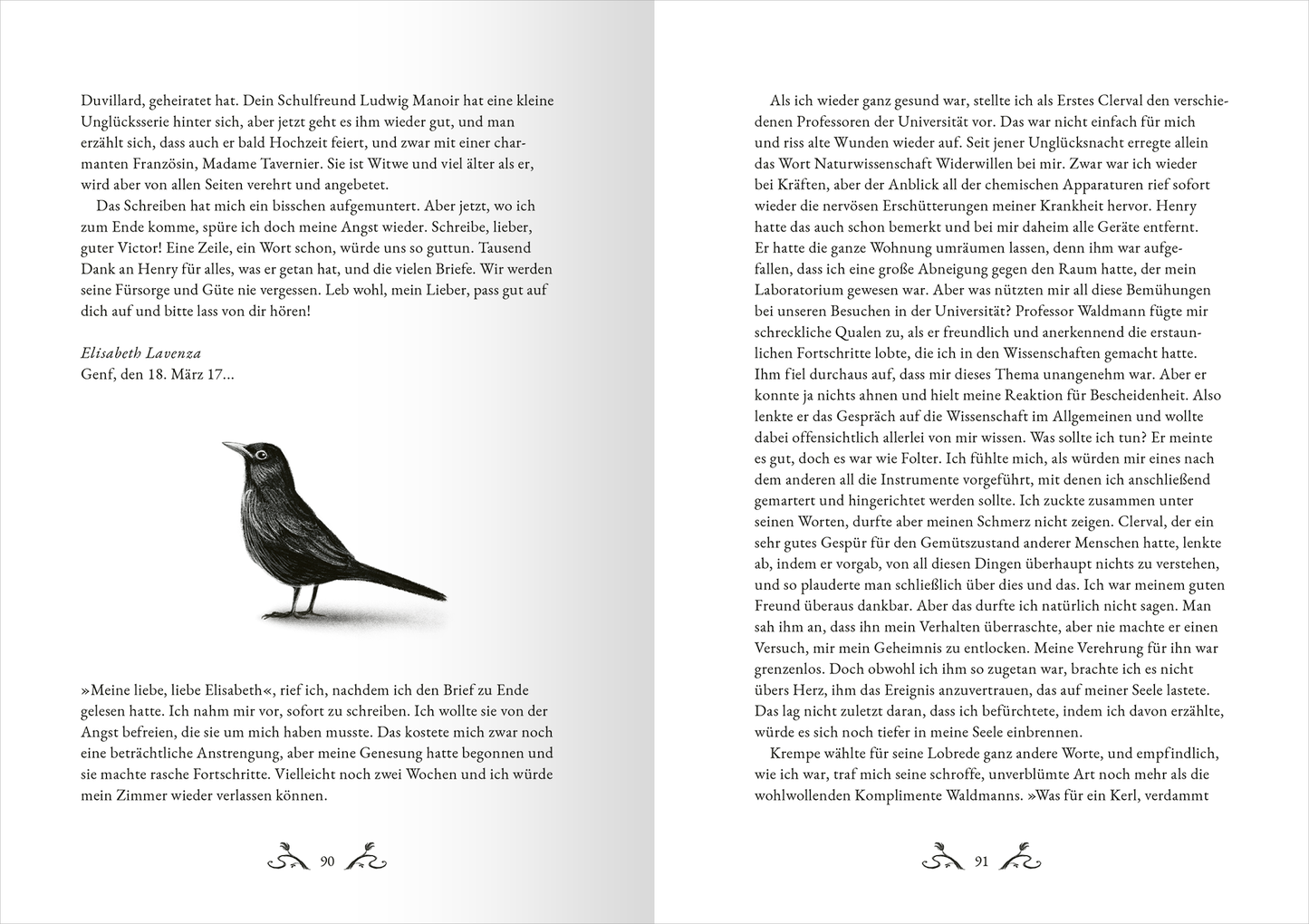 Gezeigt wird eine Innen- oder Zusatzansicht von „Frankenstein“. Die Seiten sind in einem sanften Weißton gehalten, während der Text in einer klaren, gut lesbaren Serifenschrift in Schwarz erscheint. Auf der linken Seite befindet sich eine stilisierte Abbildung eines schwarzen Vogels, der schlicht und elegant wirkt. Ornamental gestaltete Elemente in Schwarz zieren die Seiten und verleihen dem Layout einen klassischen, literarischen Charme. Der Text ist in zwei Spalten angeordnet, was die...