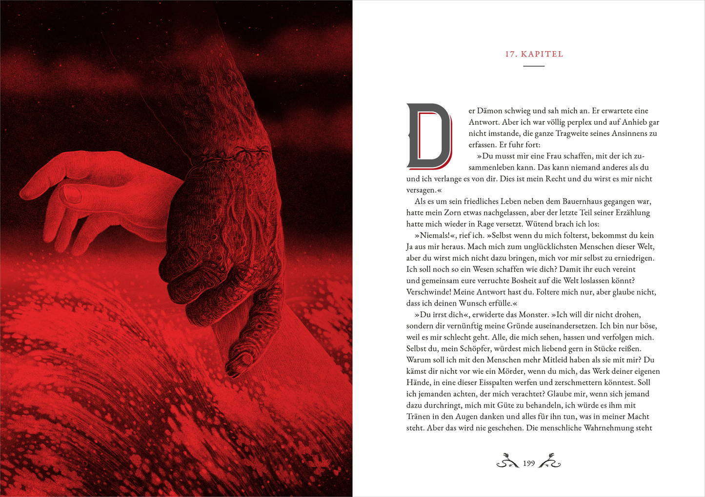 Gezeigt wird eine Innenansicht von „Frankenstein“. Auf der linken Seite ist eine stilisierte Hand abgebildet, die in einem tiefen Rotton gestaltet ist, während der Hintergrund abstrakte Texturen in ähnlichen Rottönen aufweist. Rechts befinden sich im oberen Bereich die Kapitelüberschrift „17. KAPITEL“ in einer markanten, serifenbetonten Typografie. Der Fließtext darunter ist in einer gut lesbaren Schriftart gesetzt, die klar und kontrastreich mit dem Hintergrund harmoniert.