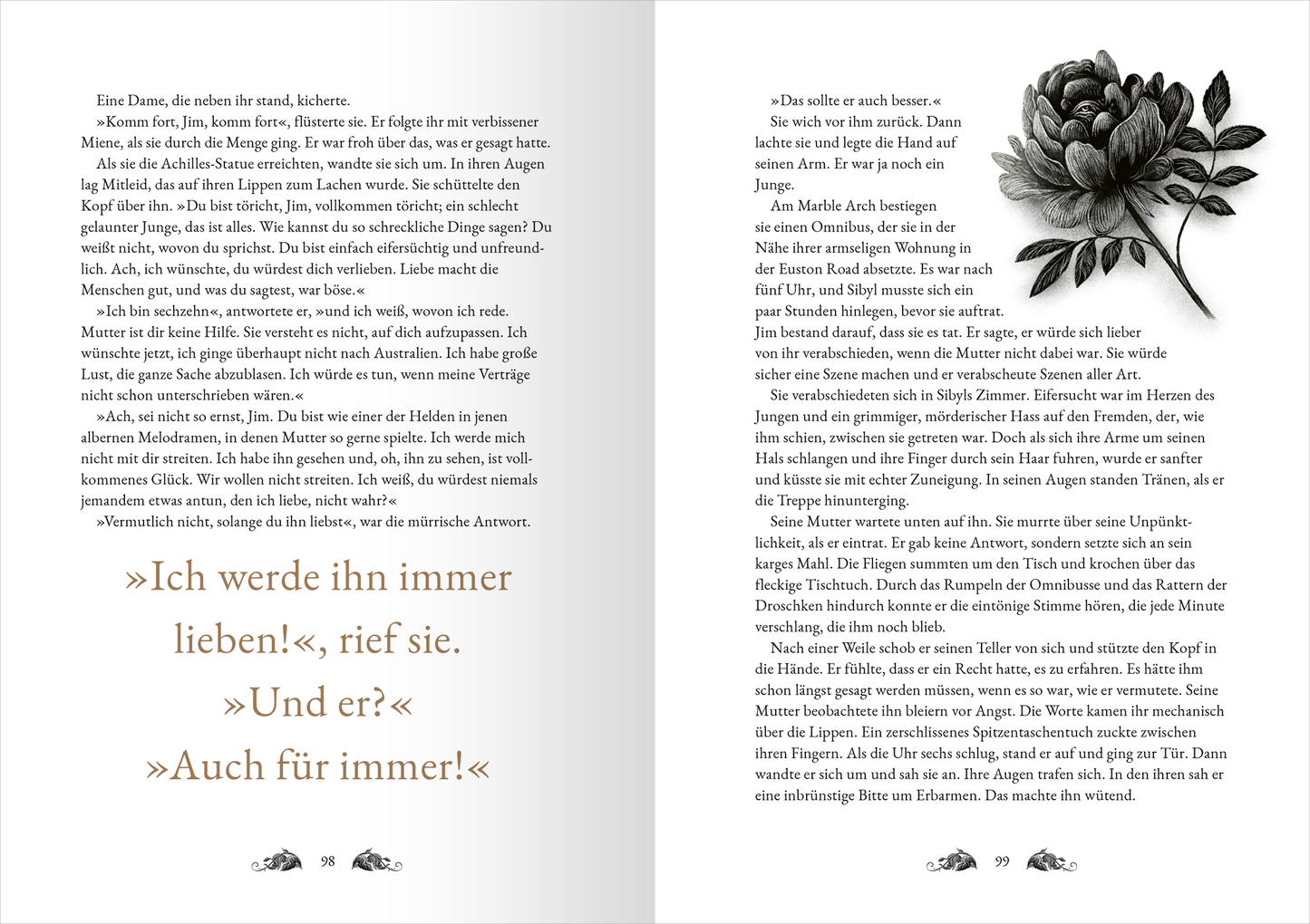 Gezeigt wird eine Innen- oder Zusatzansicht von „Das Bildnis des Dorian Gray“. Die Seite ist zweigeteilt, links mit gedrucktem Text in klassischer Serifenschrift in dunkler Farbe auf hellem Hintergrund. Zitate sind hervorgehoben mit typografischen Anführungszeichen und dekorativen Elementen am Seitenende. Die rechte Seite zeigt eine detaillierte, schwarz-weiße Illustration einer Blume, umrahmt von feinen Linien. Die Gesamtästhetik vermittelt einen eleganten und nostalgischen Eindruck.