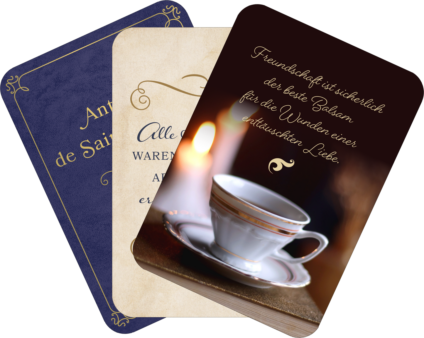 Gezeigt wird eine Innen- oder Zusatzansicht von „Kleine Literaturapotheke“. Die Abbildung zeigt drei Karten in unterschiedlichen Farben: eine dunkle blaue Karte mit goldenen Verzierungen und dem Text „An de Saint...“, eine cremefarbene Karte mit „Alle waren einmal...“ in eleganter Schrift sowie eine dritte Karte mit einem klaren, warmen Hintergrund und einer Tasse, auf der steht: „Freundschaft ist sicherlich der beste Balsam für die Wunden einer entzauberten Liebe“. Die...