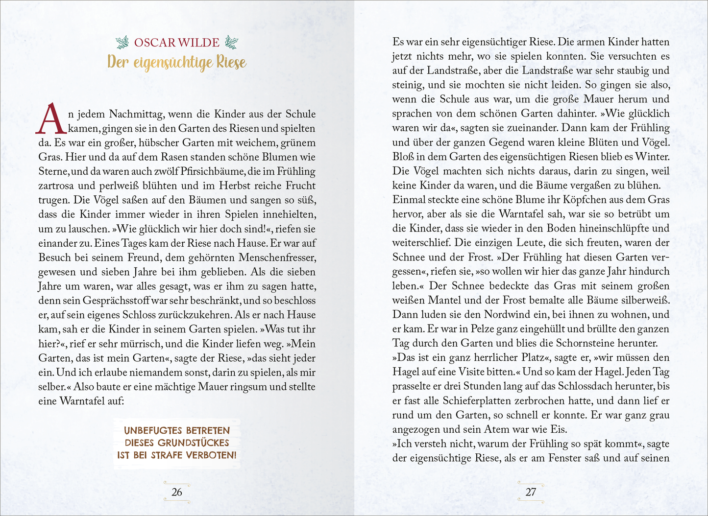 Gezeigt wird eine Innen- oder Zusatzansicht von „Literarische Schlittenfahrt“. Die Seiten sind in einem sanften, cremefarbenen Ton gehalten, ergänzt durch zarte, florale Elemente im Kopfbereich der Seite. Die Überschrift „OSCAR WILDE“ ist in einer eleganten, großen Serifenschrift gesetzt, während der Text in einer gut lesbaren, mittleren Schriftgröße präsentiert wird. Die Absätze sind klar strukturiert, mit einem großzügigen Zeilenabstand, der die Lesbarkeit erhöht. Am...