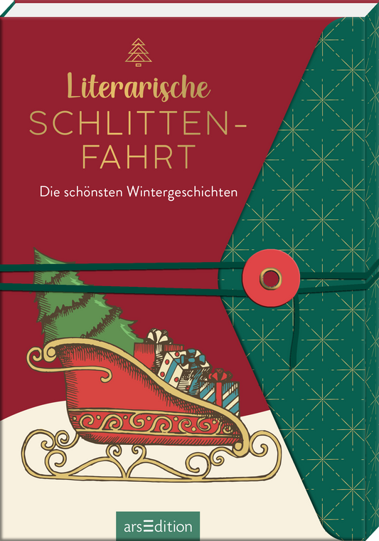 Auf dem Buchcover „Literarische Schlittenfahrt – Die schönsten Wintergeschichten“ dominiert ein warmes Rot, das mit einem eleganten Grünton kombiniert ist. In der oberen Hälfte prangt der Titel in goldener Schrift, der liebevoll gestaltet ist. Unten ist eine geschmückte Schlittenillustration abgebildet, die mit Geschenken beladen ist, was eine festliche Atmosphäre vermittelt. Ein großer, blauer Knopf und ein elastisches Band verleihen dem Cover eine ansprechende Haptik. Ganz unten...