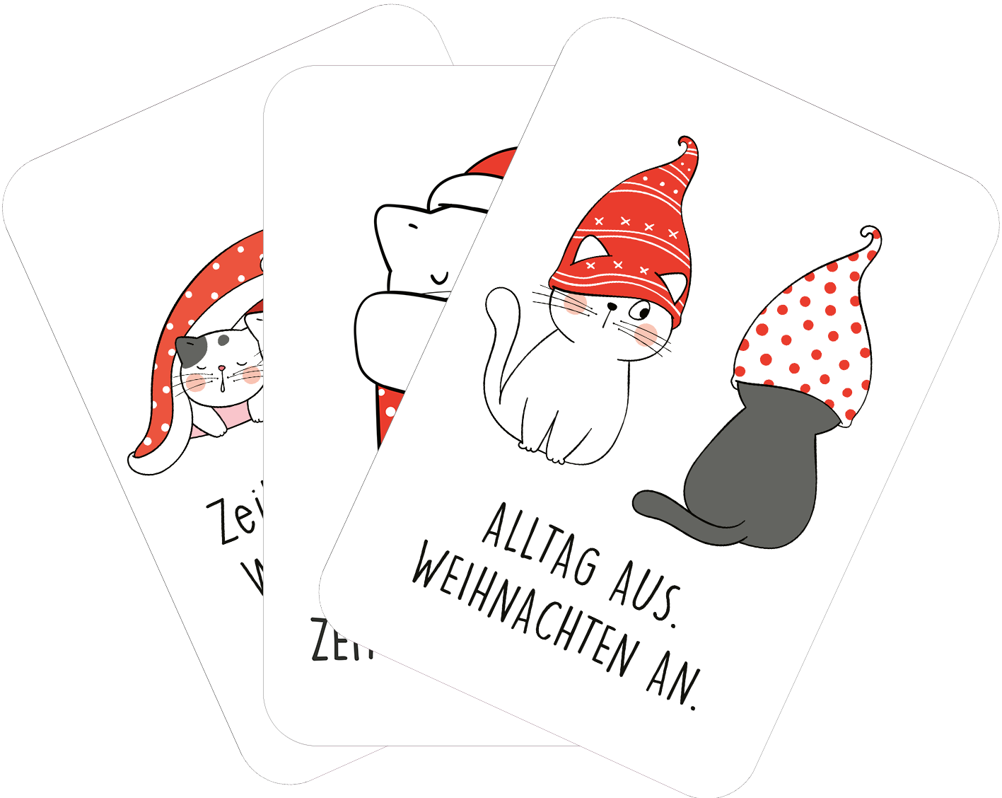 Gezeigt wird eine Innen- oder Zusatzansicht von „Frohe Mieznachten!“. Die Karten zeigen verschiedene Katzen in festlichen Weihnachtsmützen. Die Tiere sind in leichtem, künstlerischem Strich gezeichnet. Die Farben sind überwiegend rot und weiß, wobei eine Karte große, rote Punkte darstellt. Über den abgebildeten Katzen stehen die Texte „Zeigt den Alltag aus“ und „Weihnachten an“ in klarer, einfacher Typografie, die die verspielte Stimmung unterstreicht.