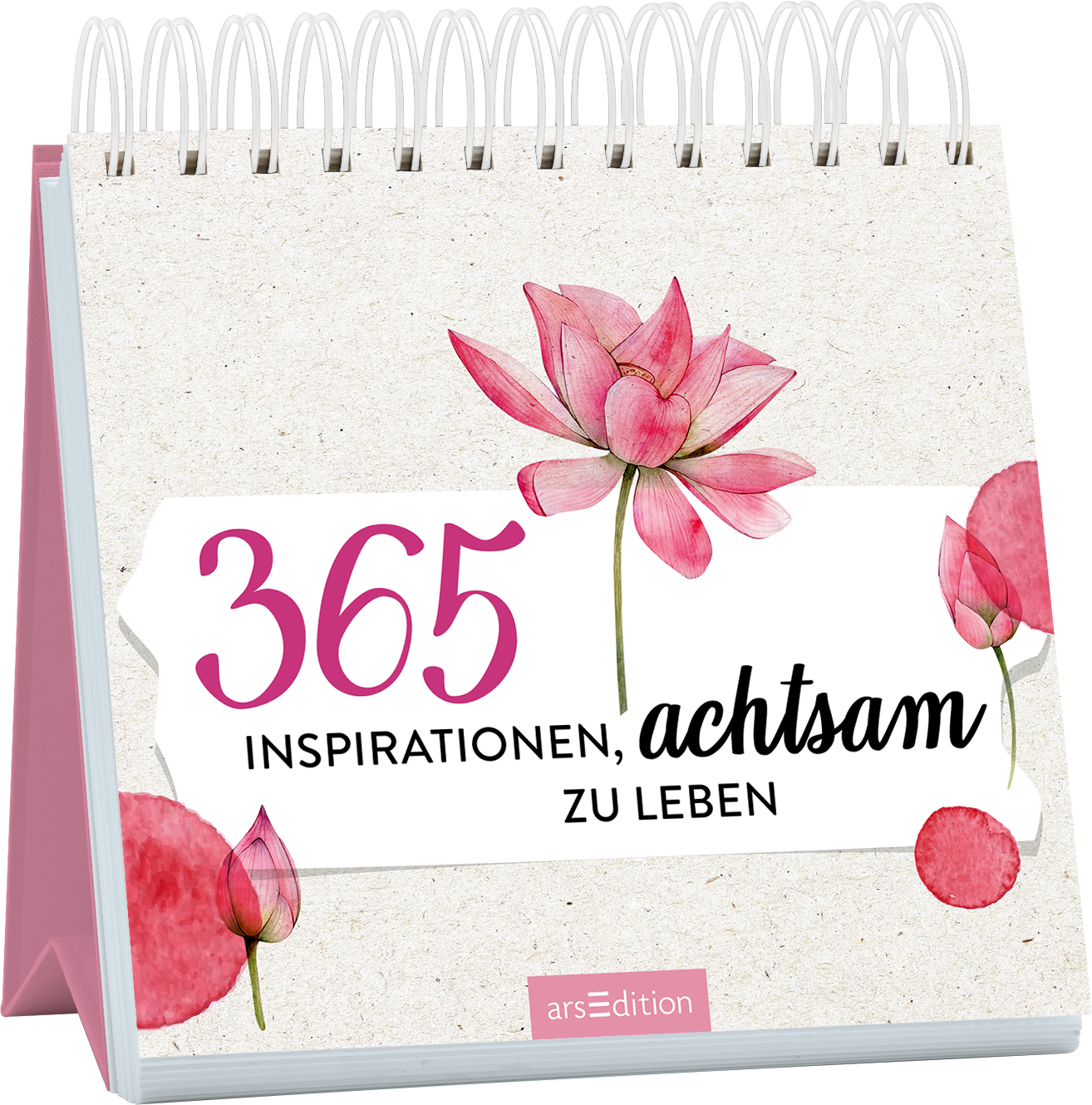 Das Buchcover zeigt eine spiralförmige Gestaltung in sanften Naturtönen mit einer hellen, strukturierten Hintergrundfläche. Zentral plaziert ist eine große, stilisierte Lotusblume in zarten Rosa- und Pinktönen. Darüber steht in auffälliger, pinker Typografie „365“, während darunter in eleganter Schwarzschrift „inspirationen, achtsam zu leben“ geschrieben steht. Links und rechts umrahmen weiche, rot-pinke Akzente die Schrift. Ein SPIEGEL-Bestseller-Button ist nicht vorhanden....