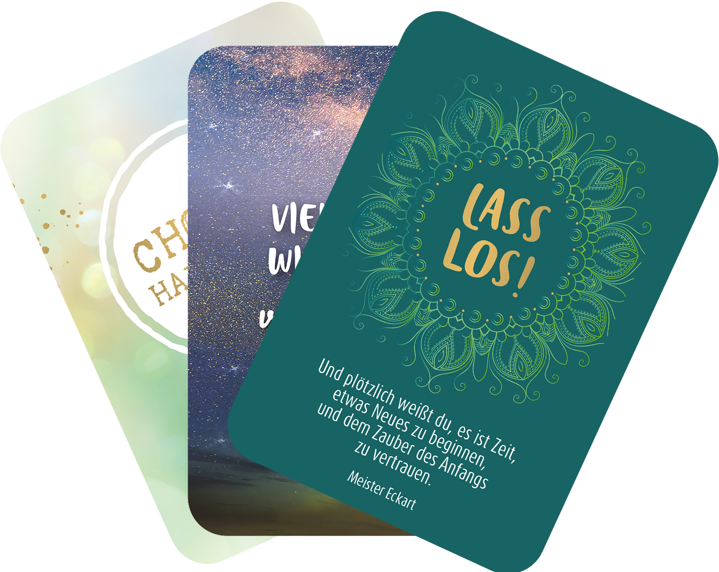 Gezeigt wird eine Innen- oder Zusatzansicht von „Glücksorakel für jede Lebenslage“. Die Karten sind in unterschiedlichen Farben gestaltet: Eine Karte in sanften Pastelltönen mit dem Text „Cheer up, hab Spaß!“ in geschwungener Schrift, eine zweite in tiefem Violett mit dem Spruch „Viele Wege führen zum Ziel“ in eleganter Typografie, und eine dritte Karte in kräftigem Grün, die den markanten Aufdruck „Lass los!“ in großen, freundlichen Buchstaben trägt, umrahmt von einem...