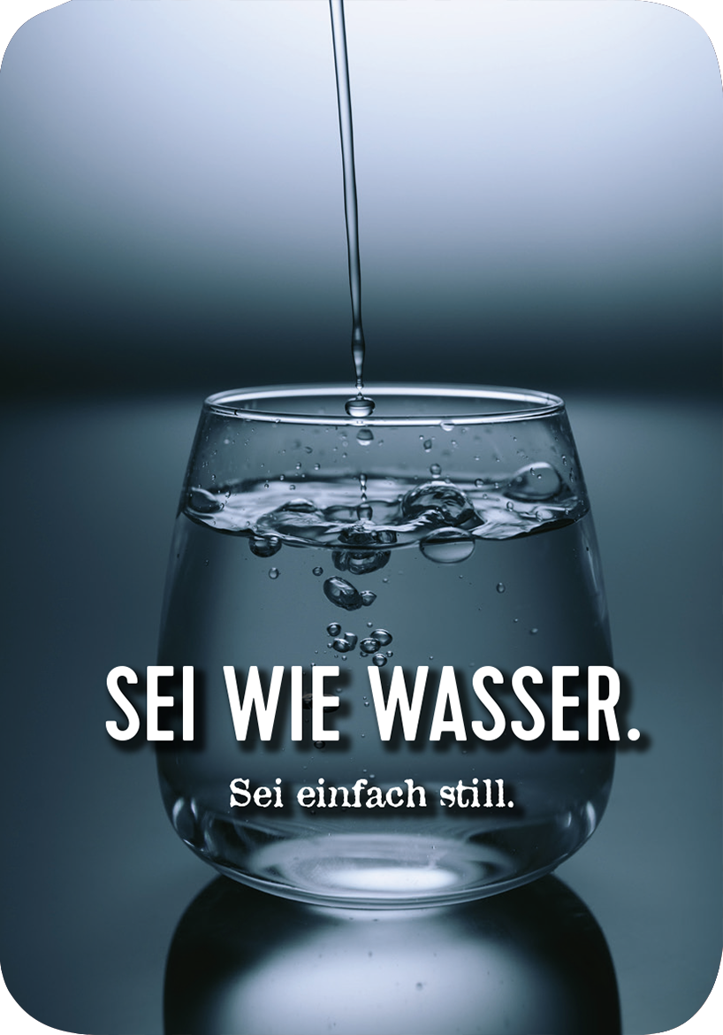 Gezeigt wird eine Innen- oder Zusatzansicht von „Ach, wie gut, dass niemand weiß, auf wen und was ich alles sch***!“. In der Darstellung befindet sich ein transparentes Glas, das mit klarem Wasser gefüllt ist. Aus einer Quelle fließt weiteres Wasser in das Glas, wodurch Blasen aufsteigen. Der Hintergrund ist in sanften Grautönen gehalten, die Typografie in der Schriftart ist modern und klar. Die Worte „SEI WIE WASSER.“ stehen groß und auffällig oben, während „Sei einfach...
