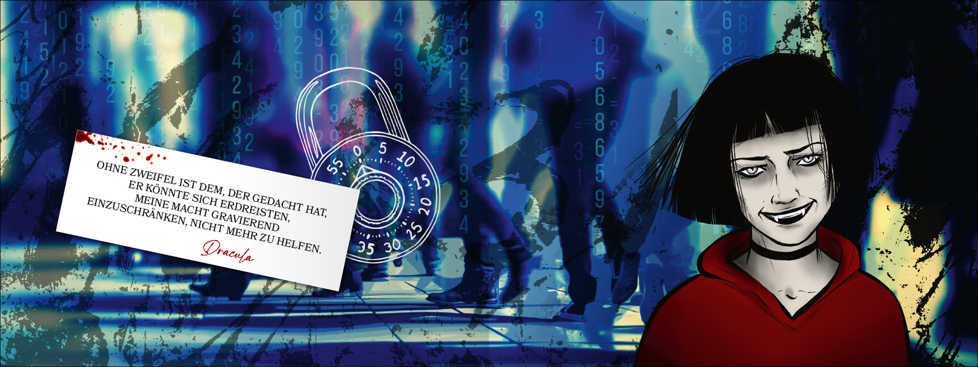 Gezeigt wird eine Innen- oder Zusatzansicht von „Escape Room: Entkomme Draculas Fängen“. Auf der Illustration sind schattenhafte Figuren vor einem mystischen, blauen Hintergrund zu sehen, der mit Zahlen und digitalen Elementen durchzogen ist. Eine gruselige Figur mit kurz geschnittenem, dunklem Haar und rotem Oberteil lächelt leicht. Mit einer kontrastierenden Farbpalette aus Blau und Rot, erzeugt das Bild eine düstere, spannungsgeladene Atmosphäre. Ein Zitat auf einer weißen Karte...