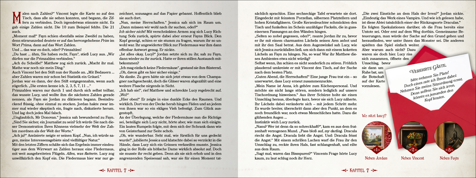 Gezeigt wird eine Innen- oder Zusatzansicht von „Escape Room: Entkomme Draculas Fängen“. Die Seite zeigt eine dunkle, dramatische Farbpalette, dominiert von tiefem Rot und Schwarz. Die Typografie ist klassisch und gut lesbar, mit akzentuierten Überschriften in einer auffälligen Schriftart. Ergänzend dazu sind Illustrationen und Symbole angeordnet, die auf den mystischen und spannungsgeladenen Charakter des Spiels hinweisen. Der Gesamtaufbau vermittelt eine geheimnisvolle und einladende...