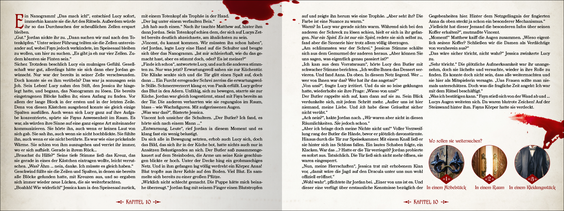 Gezeigt wird eine Innen- oder Zusatzansicht von „Escape Room: Entkomme Draculas Fängen“. Die Seiten sind in einem klassischen Layout gehalten, mit dunklen Rot- und Grautönen, die eine gruselige Atmosphäre erzeugen. Die Typografie ist gut lesbar, mit einer Kombination aus serifenlosen und serifenbetonten Schriften, die die Spannung der Geschichte unterstreichen. Am Rand findet sich ein blutroter Farbverlauf, der den Horror-Aspekt des Spiels betont. Grafische Elemente zeigen Hinweise und...