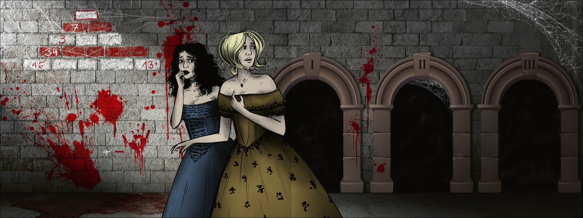 Gezeigt wird eine Innenansicht von „Escape Room: Entkomme Draculas Fängen“. Die Szene zeigt zwei Frauen in antiken Kleidern, eine in Blau und eine in Gelb, die ängstlich aneinander gelehnt stehen. Der Hintergrund besteht aus einer steinernen Mauer, die von blutigen Spritzern durchzogen ist. Dunkle Bögen deuten auf geheimnisvolle Türen hin. Der Stil ist düster und erinnert an gotische Elemente, während die Farbpalette in kühlen Grautönen mit kräftigen Rot- und Gelbtönen...