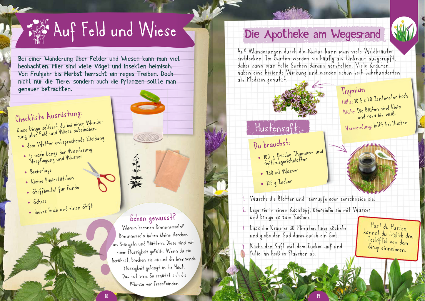 Gezeigt wird eine Innen- oder Zusatzansicht von „Naturforscher-Kids – Mitmach-Buch für unterwegs“. Die Doppelseite präsentiert einen bunten Hintergrund mit floralen Motiven. Auf der linken Seite ist ein lila Banner mit dem Titel „Auf Feld und Wiese“ und ansprechenden Illustrationen von Pflanzen und Werkzeugen. Die rechte Seite trägt den Titel „Die Apotheke am Wegesrand“ in kräftigen Farben, ergänzt durch informative Kästen und Icons. Die freundliche Typografie und helle...