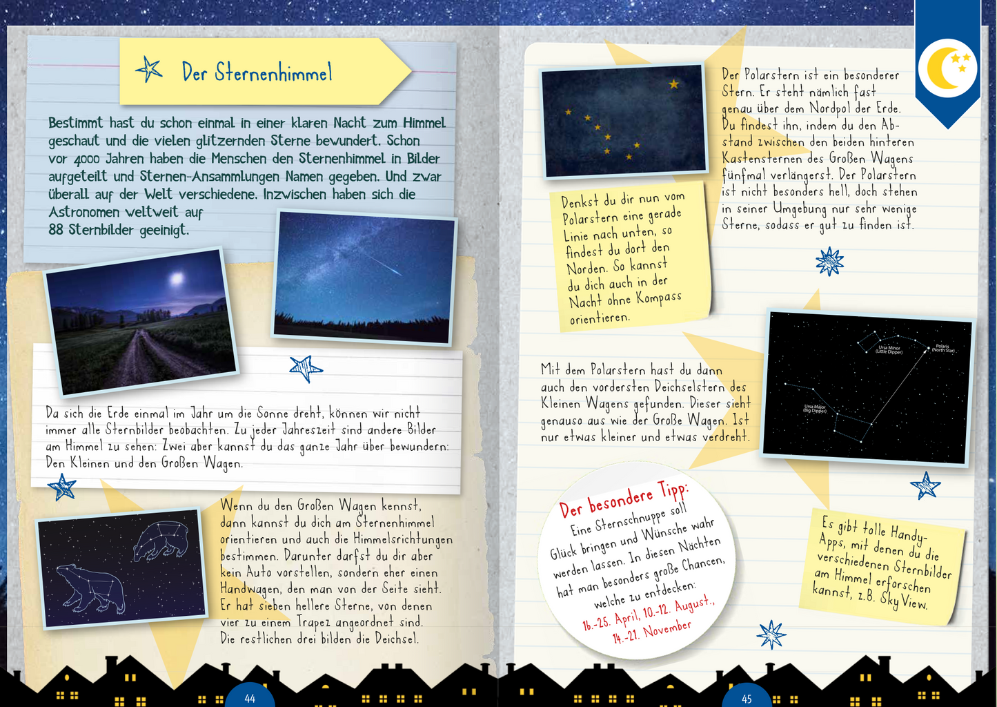 Gezeigt wird eine Innen- oder Zusatzansicht von „Naturforscher-Kids – Mitmach-Buch für unterwegs“. Auf der doppelten Seite sind verschiedene Abschnitte in hellen Blau- und Gelbtönen gestaltet. Der Titel „Der Sternenhimmel“ ist prominent in einer verspielten Schriftart platziert. Daneben befinden sich Hinweise zum Beobachten von Sternen und Sternbildern, ergänzt durch Bilder des Nachthimmels. Sterne und kleine Illustrationen, wie Wolken und Schneeflocken, schmücken die Seiten,...