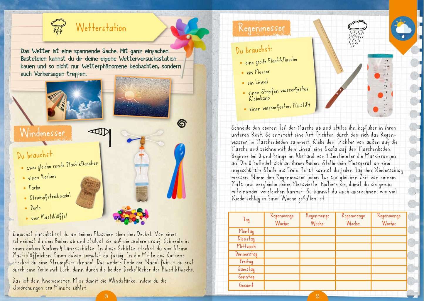 Gezeigt wird eine Innen- oder Zusatzansicht von „Naturforscher-Kids – Mitmach-Buch für unterwegs“. Die Doppelseite präsentiert bunte Illustrationen und handschriftliche Texte in freundlicher Typografie. Links wird die „Wetterstation“ mit Materialien wie Plastikflaschen und bunten Bastelobjekten dargestellt. Rechts befindet sich der „Regenmesser“ mit einer Liste, was benötigt wird. Hintergrundfarben in sanften Blau- und Gelbtönen unterstützen die kinderfreundliche Gestaltung,...