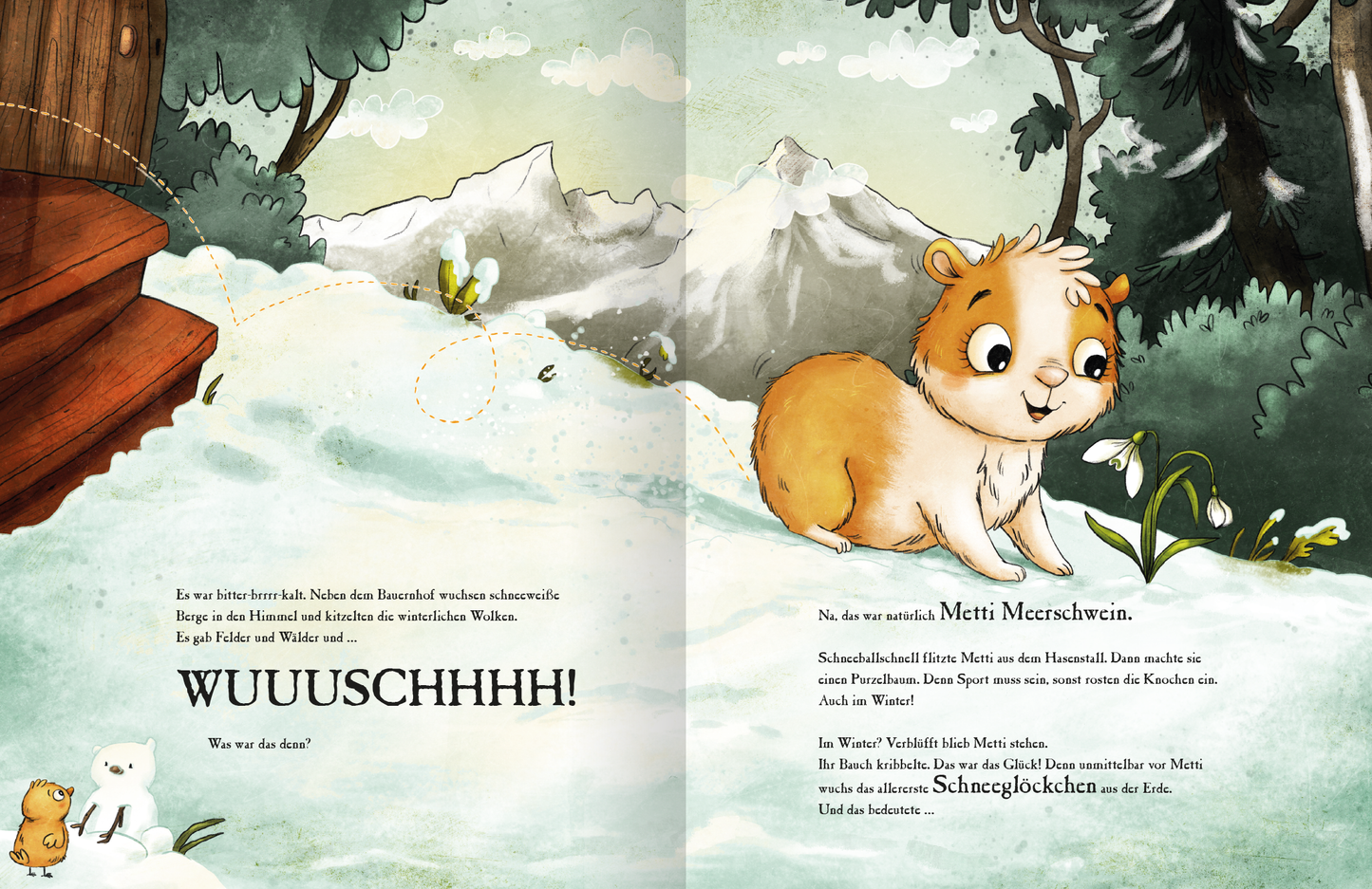 Gezeigt wird eine Innen- oder Zusatzansicht von „Metti Meerschwein und das Ostergeheimnis“. Die Seite zeigt eine freundliche winterliche Szene mit sanften blauen und weißen Farbtönen. In der Mitte steht Metti, das Meerschweinchen, mit leuchtend orangenem Fell und einem fröhlichen Gesichtsausdruck. Umgeben von schneebedeckten Bergen und zarten Schneeglöckchen, vermittelt die liebevoll gestaltete Illustration eine warme, einladende Atmosphäre. Der Text ist in klarer, gut lesbarer...