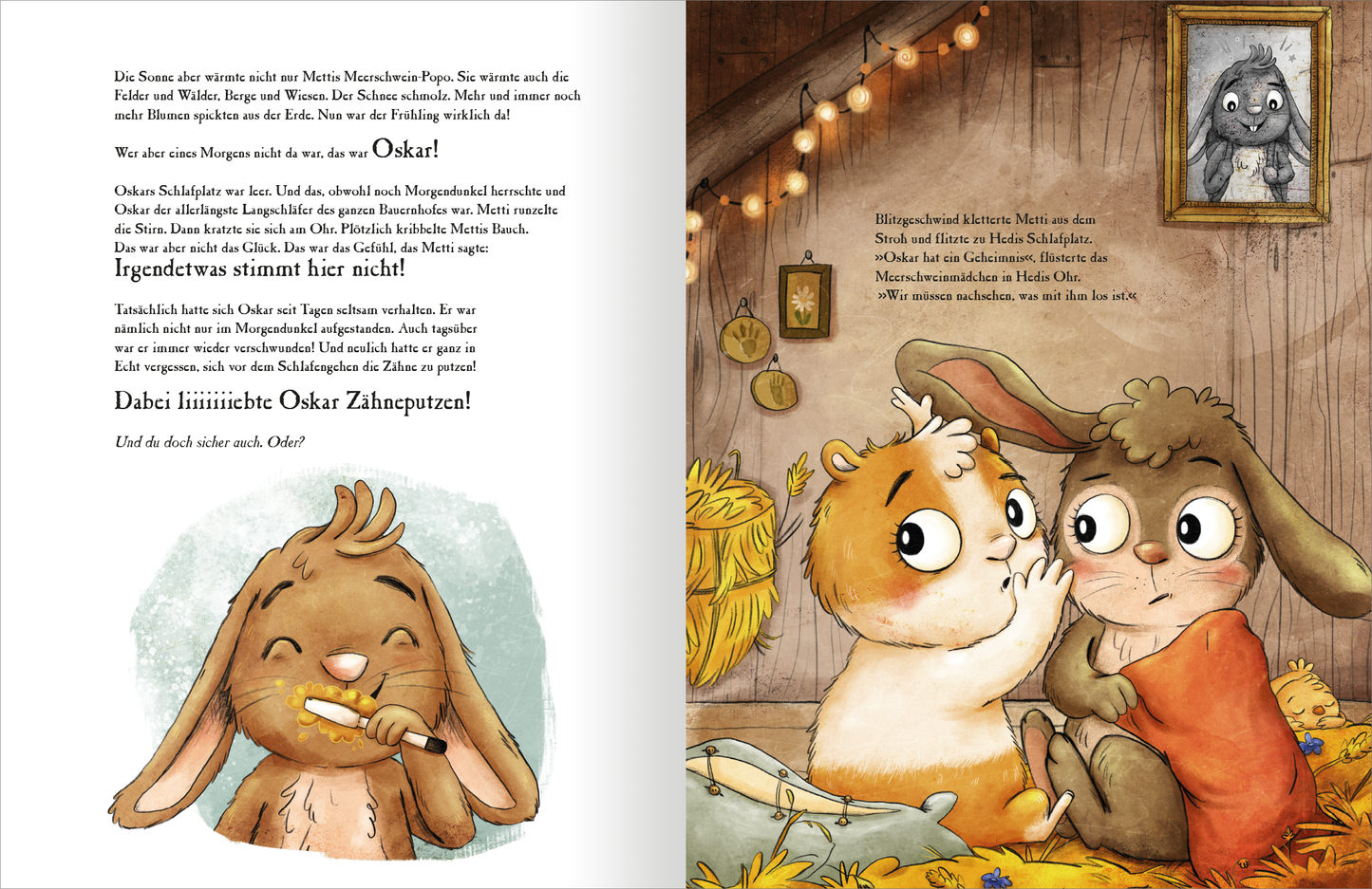 Gezeigt wird eine Innen- oder Zusatzansicht von „Metti Meerschwein und das Ostergeheimnis“. Die Seite zeigt eine liebevoll illustrierte Szene mit Metti, einem Meerschweinchen, und Oskar, einem Hasen, die im gemütlichen Stall sitzen. Die warmen Farbtöne von Braun, Orange und Gelb schaffen eine einladende Atmosphäre. Die Charaktere haben große, ausdrucksvolle Augen und sind in kindlich-verspielt gestalteten Kleidern abgebildet. Die typografische Gestaltung ist freundlich und klar, mit...