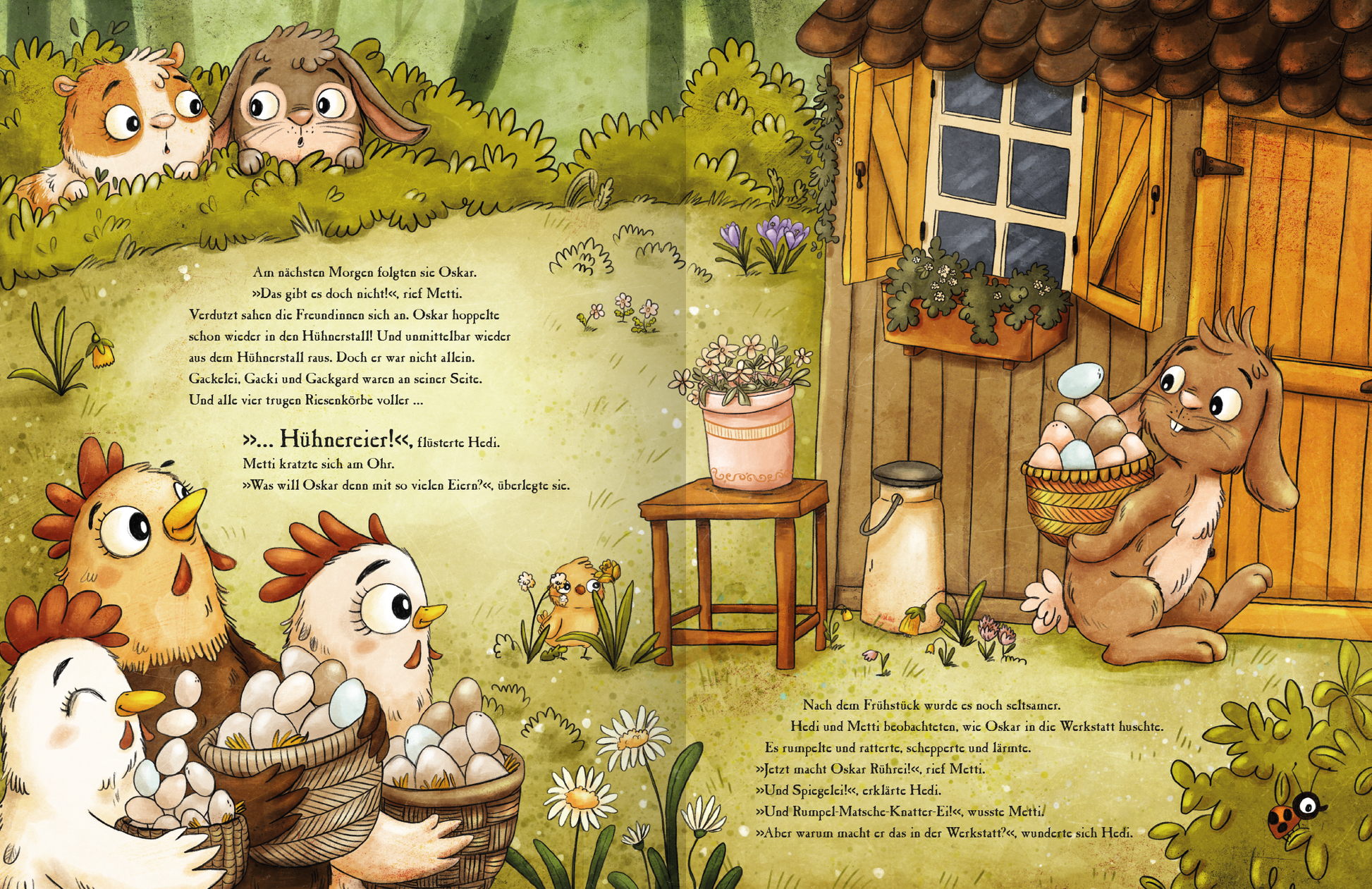 Gezeigt wird eine Innen- oder Zusatzansicht von „Metti Meerschwein und das Ostergeheimnis“. Die Seite ist farbenfroh gestaltet und zeigt eine ländliche Szene mit bunten Tieren im Vordergrund, darunter ein Huhn und ein Hase, die Eier tragen. Im Hintergrund steht ein gemütliches Holzhaus mit einem braunen Dach. Es dominieren Grüntöne, die mit blühenden Blumen und Gräsern kombiniert sind. Die Schrift ist kindgerecht, verspielt und gut lesbar, unterlegt mit einer warmen, einladenden...