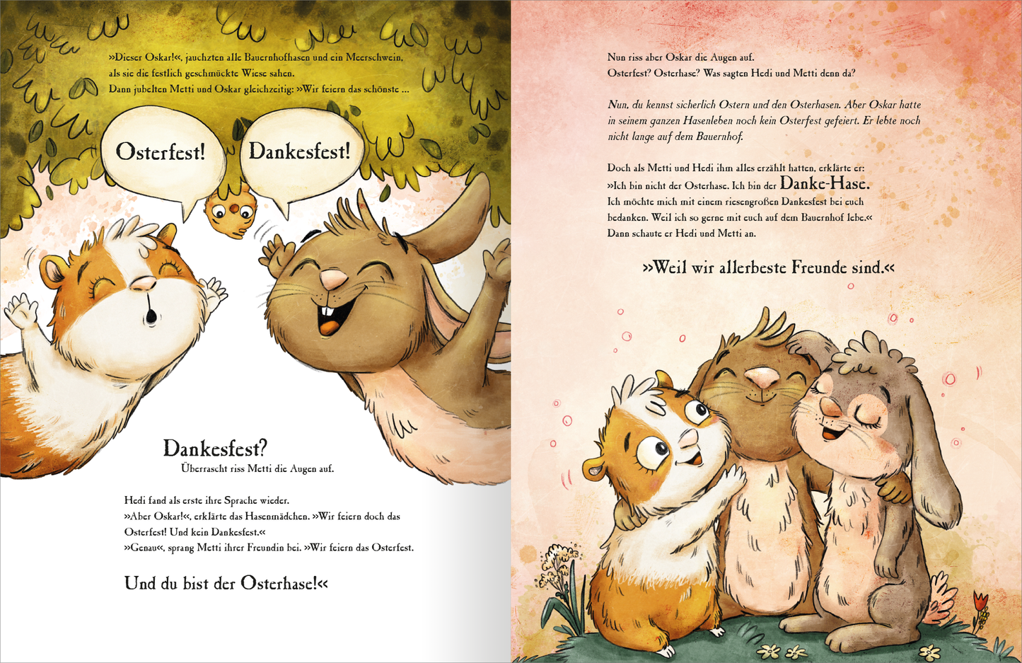 Gezeigt wird eine Innen- oder Zusatzansicht von „Metti Meerschwein und das Ostergeheimnis“. Die Illustration zeigt eine fröhliche Szene mit einem Meerschweinchen und einem Hasen, die sich umarmen. Die Farben sind weich und pastellartig, mit grünen und erdigen Tönen, die eine fröhliche Frühlingsatmosphäre schaffen. Die typografischen Elemente sind verspielt und freundlich, wobei die Schrift gut lesbar ist und in unterschiedlichen Größen eingesetzt wird, um verschiedene Emotionen und...