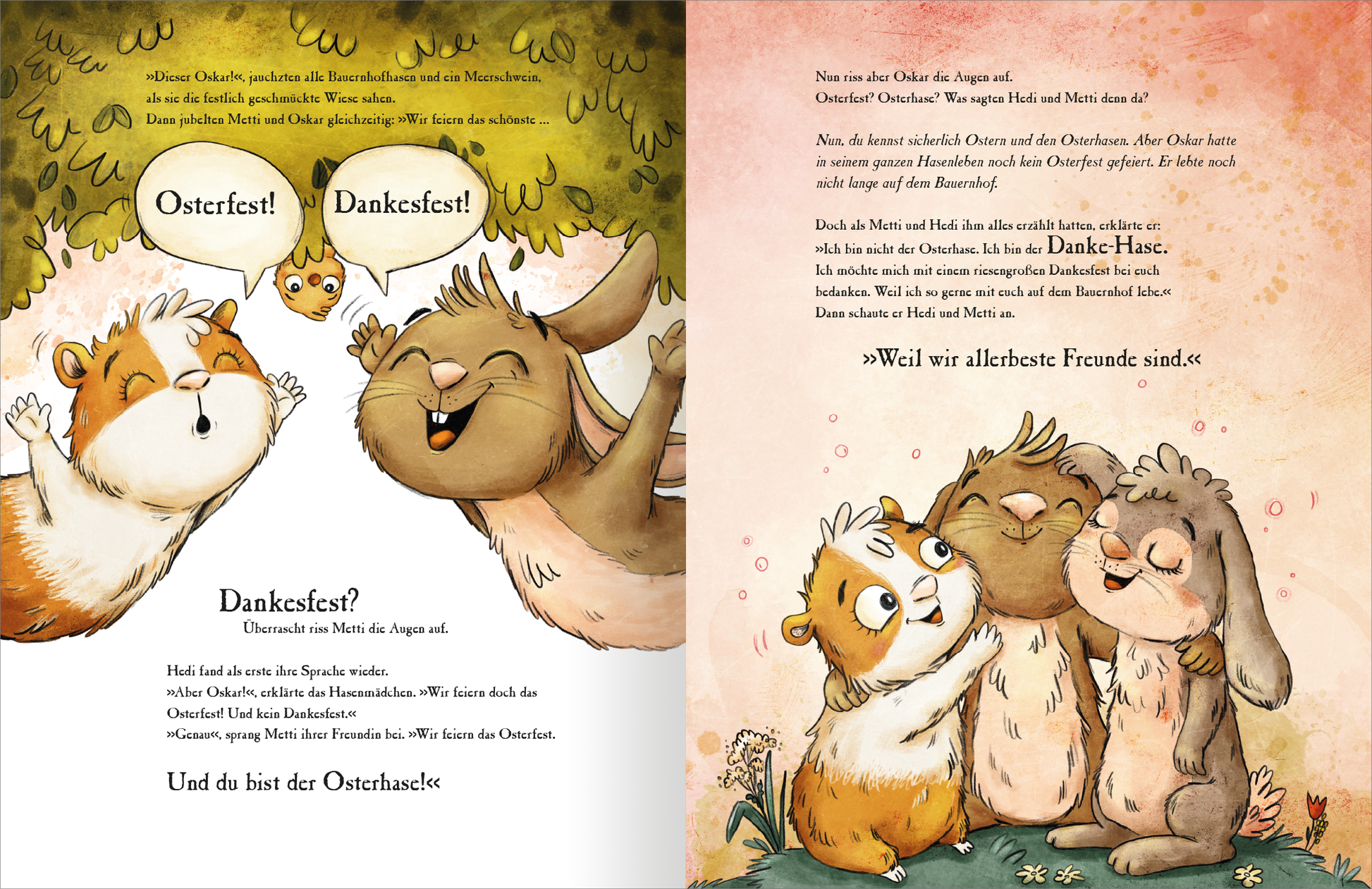 Gezeigt wird eine Innen- oder Zusatzansicht von „Metti Meerschwein und das Ostergeheimnis“. Die Illustration zeigt eine fröhliche Szene mit einem Meerschweinchen und einem Hasen, die sich umarmen. Die Farben sind weich und pastellartig, mit grünen und erdigen Tönen, die eine fröhliche Frühlingsatmosphäre schaffen. Die typografischen Elemente sind verspielt und freundlich, wobei die Schrift gut lesbar ist und in unterschiedlichen Größen eingesetzt wird, um verschiedene Emotionen und...