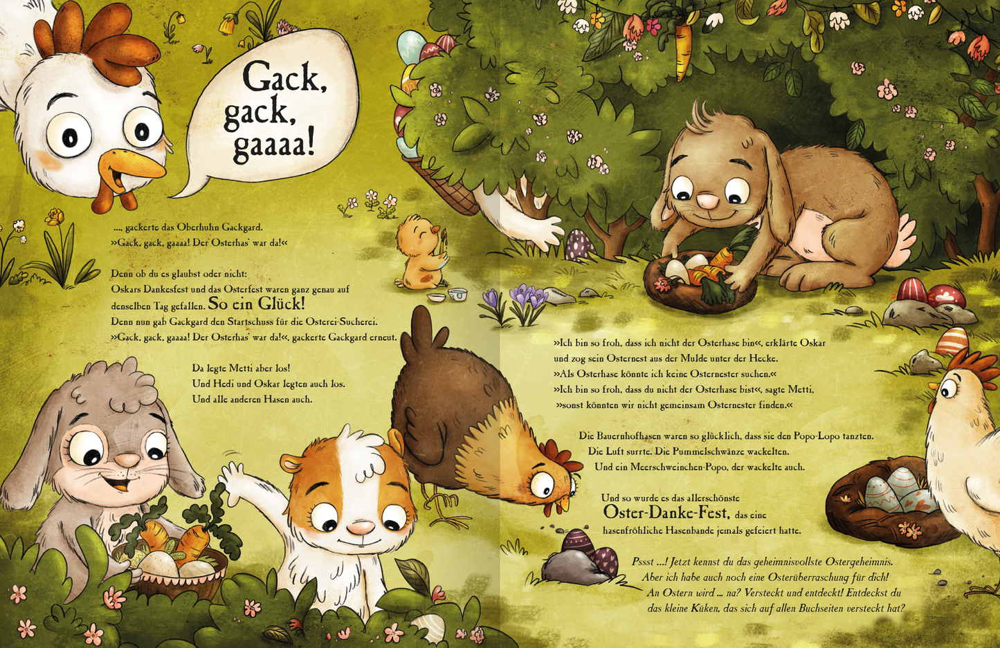 Gezeigt wird eine Innen- oder Zusatzansicht von „Metti Meerschwein und das Ostergeheimnis“. Die Illustration zeigt eine bunte, fröhliche Frühlingsszene im Wald. Auf der linken Seite ist eine sprechende Henne zu sehen, die „Gack, gack, gaaja!“ ruft. In der Mitte sind fröhliche Tiere wie ein Kaninchen und ein Meerschweinchen, die Ostereier suchen. Der Hintergrund ist in sanften Grüntönen gehalten und mit bunten Blumen und Eiern dekoriert. Die Schriftart ist kindgerecht und klar...