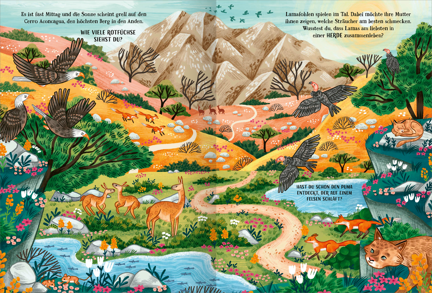 Gezeigt wird eine Innen- oder Zusatzansicht von „Berge voller Wunder“. Die Illustration zeigt eine farbenfrohe, lebendige Landschaft mit sanften Hügeln und majestätischen Bergen im Hintergrund. Der Himmel ist in einem sanften Blau gehalten, während die Wiesen in warmen Orange- und Grüntönen erblühen. Unterschiedliche Tiere, wie Vögel und Rehe, sind verteilt, während ein klarer Fluss durch die Szene fließt. Die Schrift ist in einer verspielten, gut lesbaren Typografie gestaltet, die...