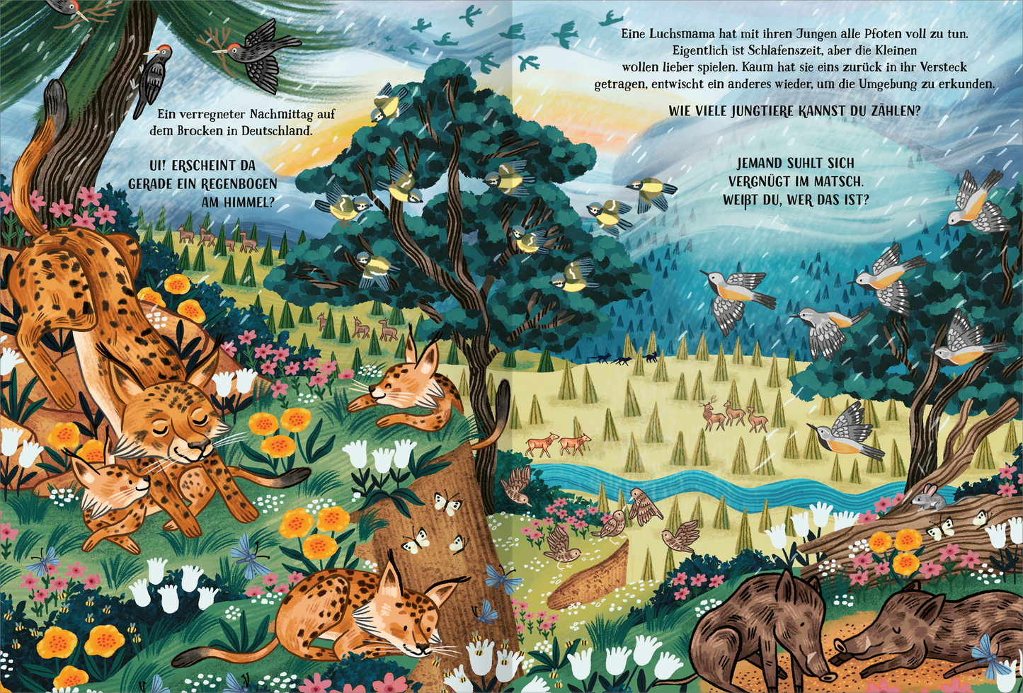 Gezeigt wird eine Innen- oder Zusatzansicht von „Berge voller Wunder“. Die Illustration zeigt eine lebendige Landschaft mit bunten Blumen und grünen Bäumen. In der Mitte sind mehrere Tiere, darunter Füchse und Wildschweine, die sich in der Natur versammeln. Die Farben sind kräftig und variieren von satten Grüntönen bis hin zu leuchtendem Rot und Gelb. Die Typografie ist verspielt und kindgerecht, was die Neugier und den Entdeckungsgeist anregt.