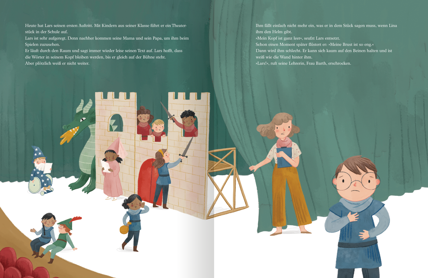 Gezeigt wird eine Innenansicht von „Das alles kann mein Körper“. Die Illustration zeigt eine Bühnenaufführung, auf der links ein märchenhaftes Schloss mit verschiedenen Charakteren wie einem Drachen und mehreren Kindern in fantasievollen Kostümen dargestellt ist. Die rechte Seite zeigt eine Lehrerin in einem bunten Outfit, die erschrocken zu einem Jungen vor ihr sieht. Dieser sieht den Leser mit einem besorgten Gesichtsausdruck direkt an. Die Farbpalette ist farbenfroh gestaltet, mit...