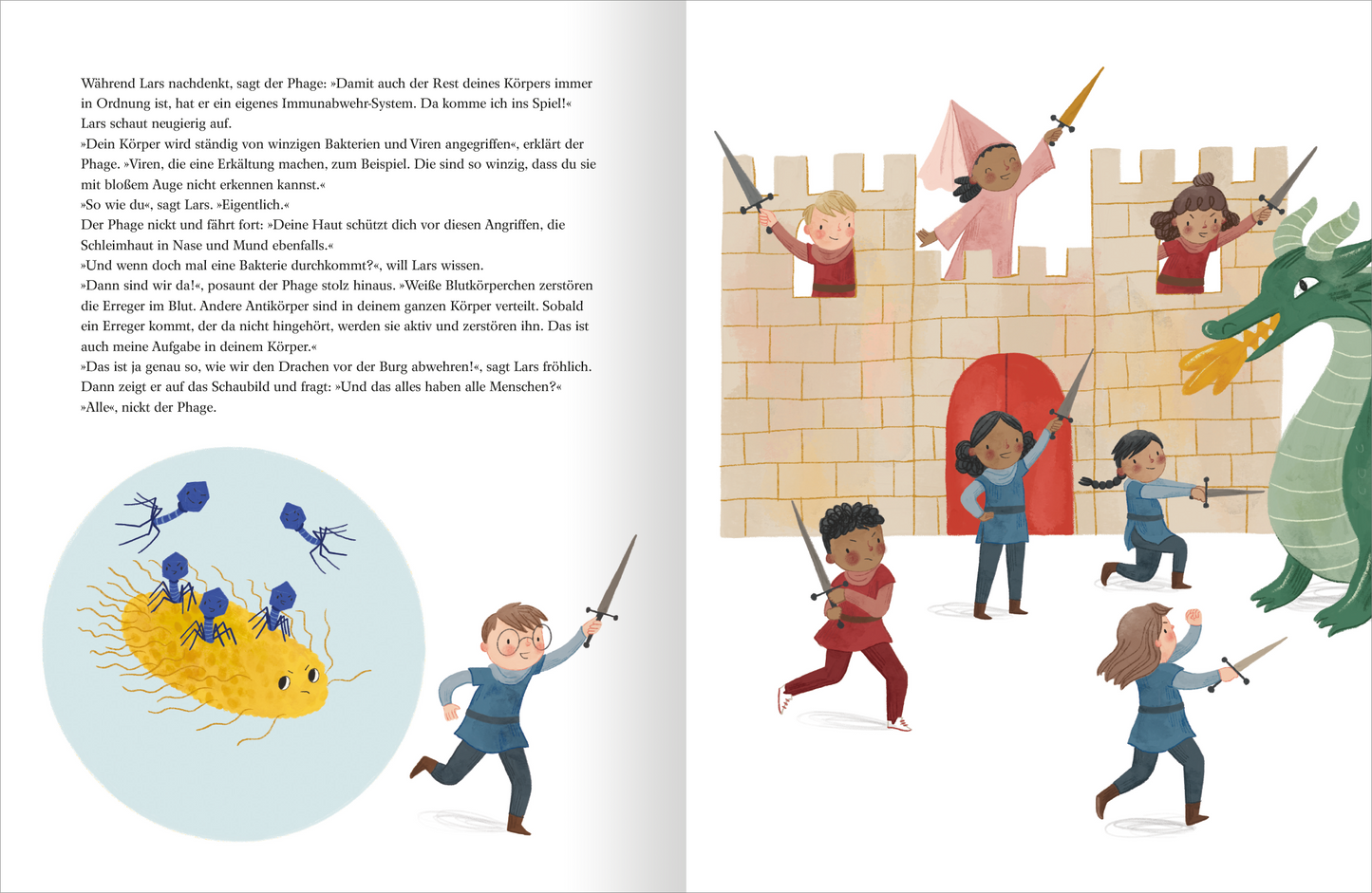 Gezeigt wird eine Innen- oder Zusatzansicht von „Das alles kann mein Körper“. Auf der linken Seite ist unter dem Text eine Illustration eines gelben Bakteriums, umgeben von blauen Phagen, die das Bakterium bekämpfen. Auf der rechten Seite steht eine Burg mit mehreren Kindern, die jeweils ein Schwert zur Verteidigung halten. Ein grüner, feuerspeiender Drache ist auf der rechten Seite abgebildet.