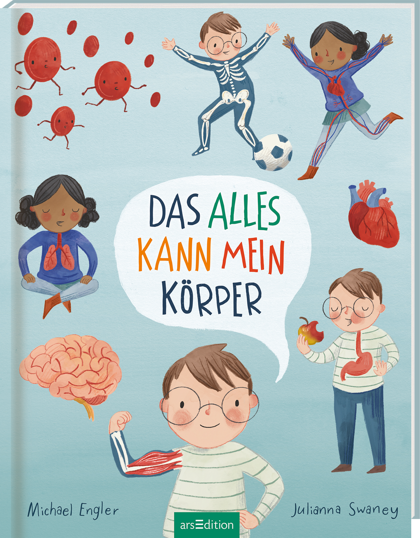 Das Cover zeigt eine kindliche, freundliche Illustration in sanften Farben. Im Mittelpunkt befindet sich der Titel „DAS ALLES KANN MEIN KÖRPER“ in bunten Buchstaben, umrahmt von spielerischen Zeichnungen kleiner Kinder, die verschiedene Körperteile und Aktivitäten darstellen. Oben und unten sind Motive wie ein Fußball, ein Herz, ein Gehirn und Bakterien zu sehen. Unten links steht der Name des Autoren Michael Engler, und rechts der Name der Illustratorin Julianna Swaney. Ganz unten...