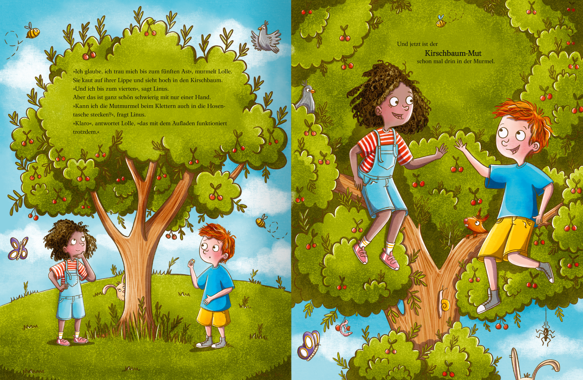 Gezeigt wird eine Innenseite von „Mutmurmeln für den ersten Schultag“. Die Illustration auf der rechten Seite zeigt einen Baum mit dichtem grünem Blattwerk voller Kirschen. Zwei Kinder, ein Mädchen und ein Junge, stehen mit zweifelnden Gesichtsausdrücken vor dem Baum. Der Himmel im Hintergrund ist von einem hellen Blau. Auf der rechten Seite sitzen die Kinder lachend im Baum.