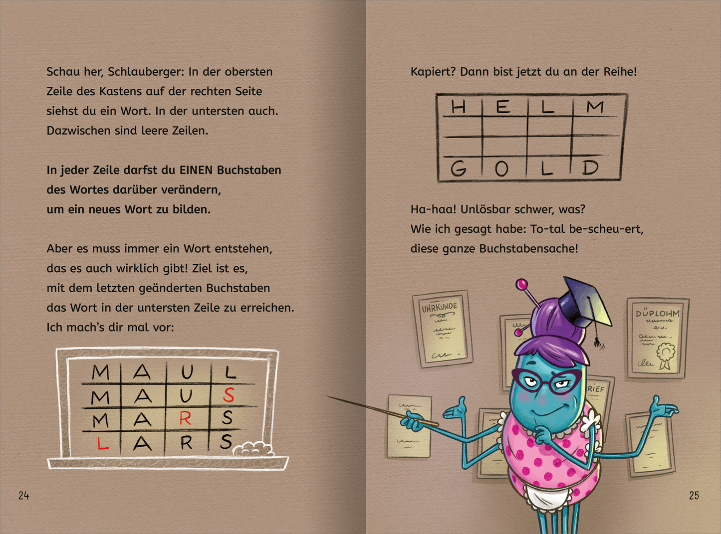 Gezeigt wird eine Innen- oder Zusatzansicht von „Lesen NERVT! – Bücher? Nein, danke!“. Die Doppelseite zeigt einen dunklen Hintergrund mit der Figur Karoline Kneberwecht, die eine violette Frisur und eine pinke Bluse trägt und vier Arme und Beine hat. Links befindet sich ein Tafel mit Buchstaben. Die Schriftart ist gut lesbar. Die Gestaltung ist farbenfroh und einladend.