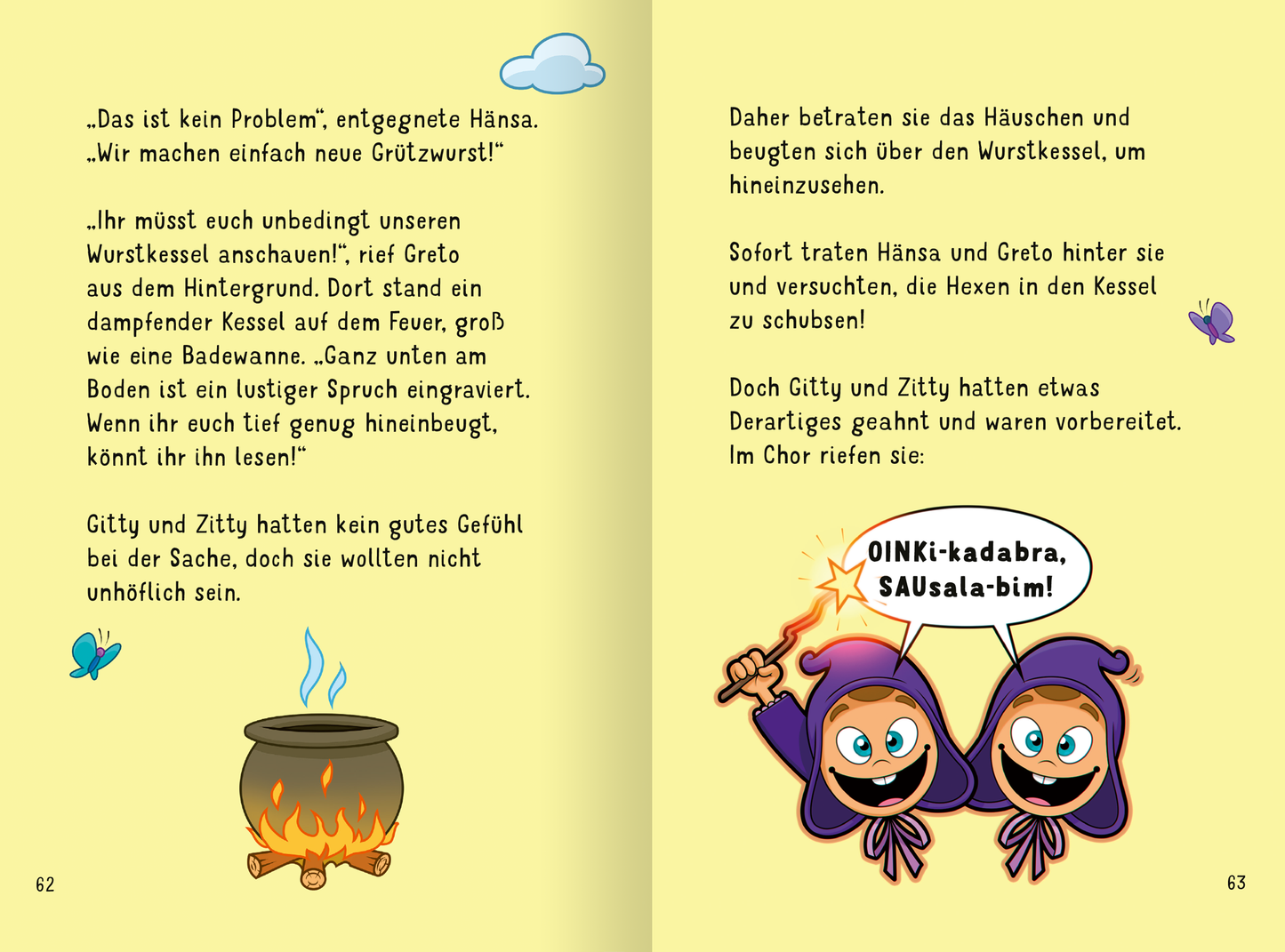 Gezeigt wird eine Innen- oder Zusatzansicht von „Lesen NERVT! – Bücher? Nein, danke!“. Die Seiten sind in sanften Gelbtönen gehalten, wobei der linke Seitenbereich einen Textblock und eine Illustration eines Kessels auf einem Feuer zeigt. Auf der rechten Seite ist unter dem Textblock eine Illustration von zwei Figuren in lila Kapuzenumhängen zu sehen. Über ihren Köpfen ist eine Sprechblase.