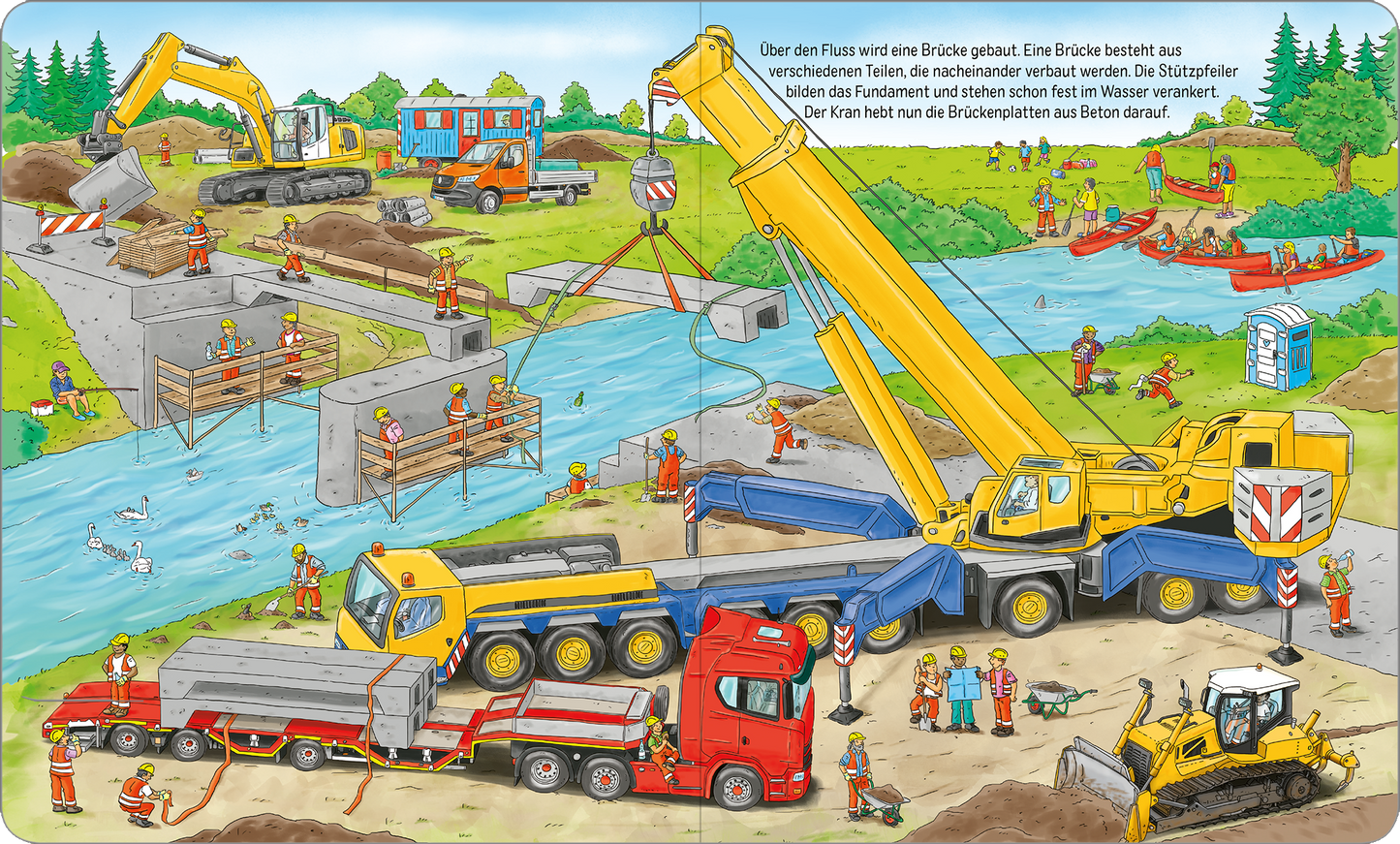 Gezeigt wird eine Innen- oder Zusatzansicht von „Auf der Baustelle“. Die Illustration zeigt eine lebendige Baustellen-Szene mit mehreren Kranen und Fahrzeugen in Gelb, Rot und Blau. Arbeiter in orangefarbenen Sicherheitswesten sind aktiv, während sie Brückenteile montieren. Die Landschaft umfasst einen Fluss, Bäume und eine Vielzahl von Baustellenmaschinen. Die Typografie der erklärenden Texte ist klar und gut lesbar, mit einem kindgerechten, fröhlichen Design.