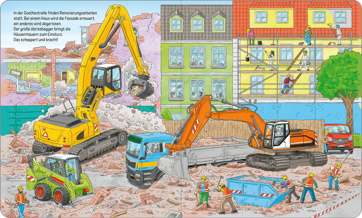 Gezeigt wird eine Innen- oder Zusatzansicht von „Auf der Baustelle“. Die Illustration zeigt eine lebendige Baustellenszene mit verschiedenen Baumaschinen wie einem gelben Bagger und einem großen Grabgerät. Im Hintergrund stehen bunte Gebäude mit grünen und roten Fassaden. Arbeiter in orangenen Sicherheitswesten sind aktiv tätig. Die Farben sind klar und einladend, und die Typografie ist einfach und gut lesbar in Sprechblasen. Eine dynamische Atmosphäre wird durch das Baustellenumfeld...