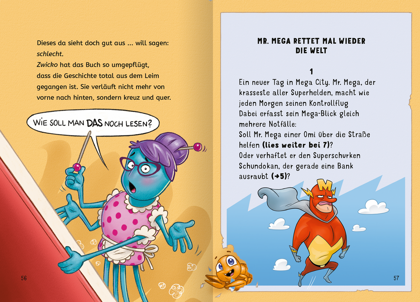 Gezeigt wird eine Innen- oder Zusatzansicht von „Lesen NERVT! – Bloß keine Bücher!“. Auf der linken Seite steht die Figur Karoline Kneberwecht vor einem gelben Hintergrund. Sie hat lila Haare, trägt ein pinkes Kleid und hat vier Arme. Auf der rechten Seite steht eine Comicfigur mit Superman-Anzug. Darüber steht die Überschrift „MR. MEGA RETTET MAL WIEDER DIE WELT“ in fetter, schwarzer Schrift. Darunter folgt ein kompakter, gut lesbarer Text mit humorvollem Inhalt.