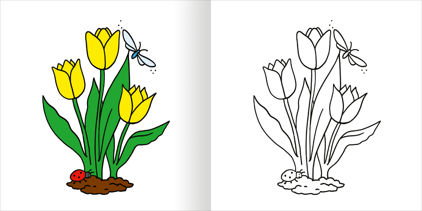 Gezeigt wird eine Innen- oder Zusatzansicht von „Mein erstes dickes Malbuch ab 2 – Ostern“. Auf der linken Seite sind farbenfrohe, gelbe Tulpen zu sehen, die von grünen Blättern umrahmt werden. Ein roter Marienkäfer krabbelt am Boden. Auf der rechten Seite präsentiert sich die gleiche Szene in Schwarz-Weiß, bereit zum Ausmalen. Die einfache, dicke Linienführung ermöglicht leichten Zugang für Kinder. Die fröhlichen Farben und klaren Formen schaffen eine einladende Atmosphäre.