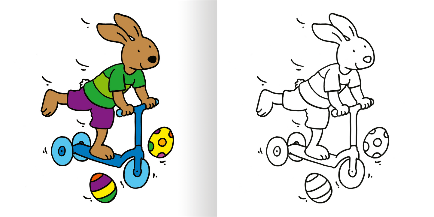 Gezeigt wird eine Innen- oder Zusatzansicht von „Mein erstes dickes Malbuch ab 2 – Ostern“. Auf der linken Seite ist ein brauner Hase auf einem blauen Roller abgebildet, der in einem bunten T-Shirt und lila Shorts kleidet. Um ihn herum liegen farbige, fröhliche Ostereier. Die rechte Seite zeigt die gleiche Szene in Schwarz-Weiß, die zum Ausmalen einlädt. Die klaren Linien und die verspielte Typografie sind einladend und geeignet für jüngere Kinder.