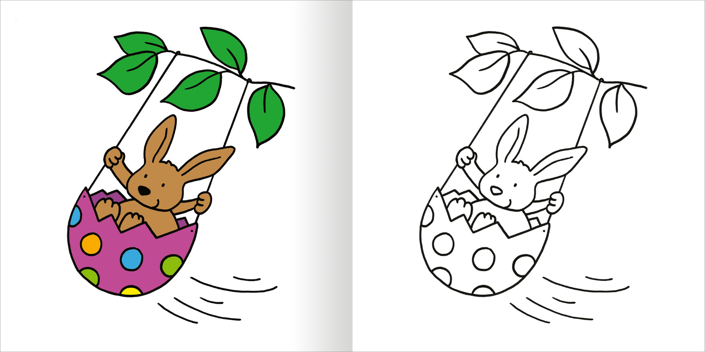 Gezeigt wird eine Innen- oder Zusatzansicht von „Mein erstes dickes Malbuch ab 2 – Ostern“. Links sieht man einen bunten Osterhasen, der in einem lila Ei mit bunten Punkten schwingt. Die Farben sind lebhaft und fröhlich, einschließlich Grün für die Blätter. Rechts ist das gleiche Motiv in Schwarz-Weiß dargestellt, wodurch die Konturen klar hervortreten. Die einfache, kindgerechte Typografie und die verspielten Elemente laden zum kreativen Ausmalen ein.