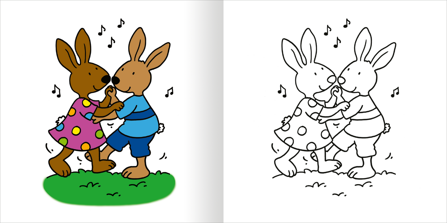 Gezeigt wird eine Innen- oder Zusatzansicht von „Mein erstes dickes Malbuch ab 2 – Ostern“. Die Seite zeigt zwei niedliche Hasen, die sich küssen, umgeben von musikalischen Noten. Der linke Hase trägt ein lila Kleid mit bunten Punkten, während der rechte Hase in einem blauen Oberteil und kurzen Hosen abgebildet ist. Eine grüne Wiese bildet den Hintergrund, was die fröhliche Atmosphäre unterstreicht. Die Schrift ist klar und kindgerecht gestaltet.