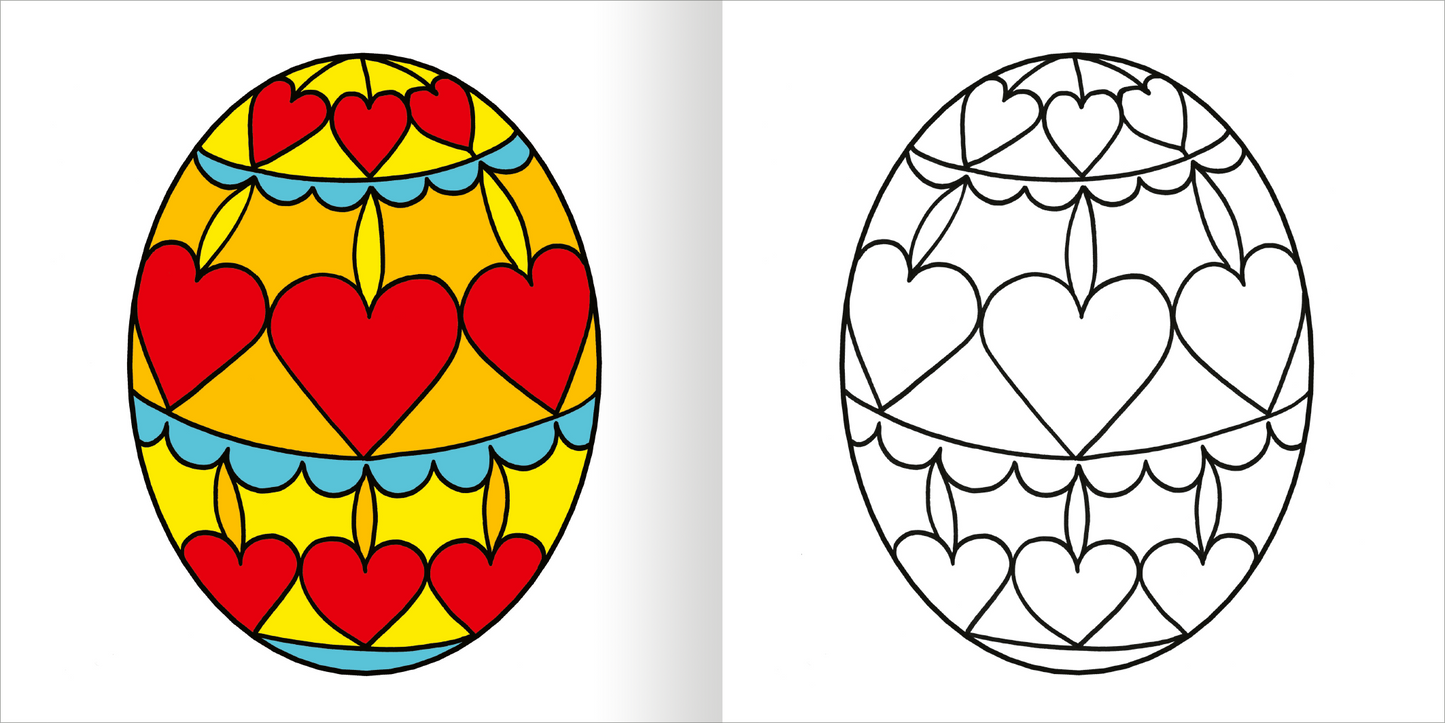 Gezeigt wird eine Innen- oder Zusatzansicht von „Mein erstes dickes Malbuch ab 2 – Ostern“. Die Abbildung zeigt ein buntes, mit Mustern versehenes Osterei auf der linken Seite und eine leere, konturierte Version des gleichen Eis auf der rechten Seite. Die Farben umfassen fröhliches Gelb, leuchtendes Rot und Himmelblau, während die Typografie klar und kindgerecht gestaltet ist, um die kleinen Künstler zum Ausmalen einzuladen.