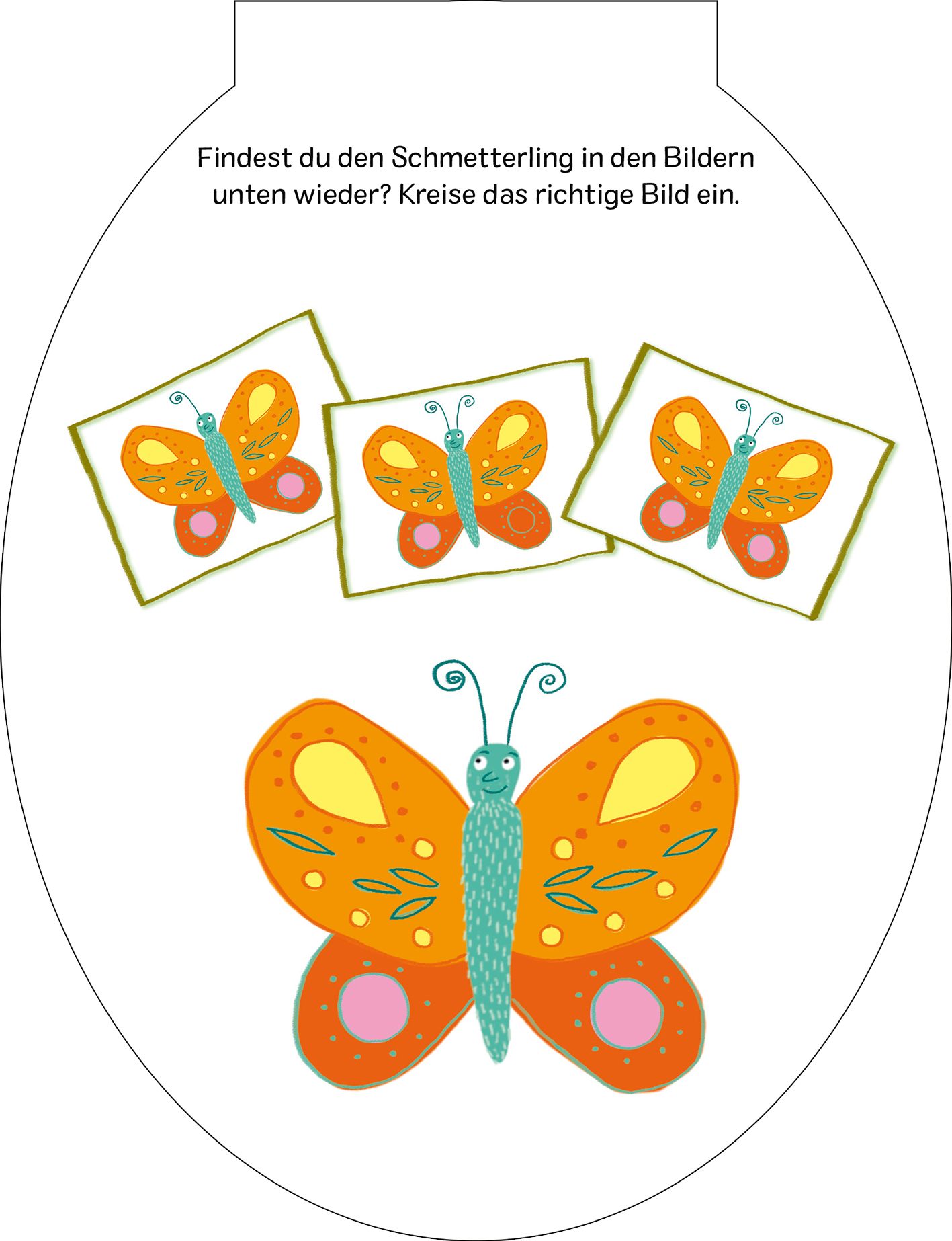 Gezeigt wird eine Innen- oder Zusatzansicht von „Große Oster-Rätselei“. In der Abbildung ist ein großer, bunter Schmetterling zu sehen, der orangefarbene Flügel mit gelben und pinken Akzenten hat. Unterhalb des Schmetterlings befinden sich drei kleinere Bilder, die ebenfalls einen Schmetterling zeigen. Die Farben sind lebhaft und fröhlich, mit klaren, einfachen Linien und einer einladenden Typografie, die das Rätseln ansprechend gestaltet.