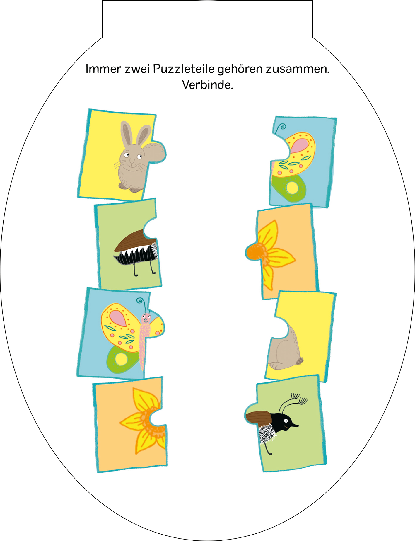 Gezeigt wird eine Innen- oder Zusatzansicht von „Große Oster-Rätselei“. Auf einem ovalen Hintergrund sind bunte Puzzle-Teile in sanften Farben dargestellt, darunter Tiermotive wie ein Hase und ein Vogel sowie florale Elemente. Die klaren, fröhlichen Illustrationen sind in lebhaften Gelb-, Blau- und Grüntönen gehalten. Oberhalb der Puzzlestücke steht der einladende Text „Immer zwei Puzzleteile gehören zusammen. Verbinde.“ in einer gut lesbaren, spielerischen Schriftart.
