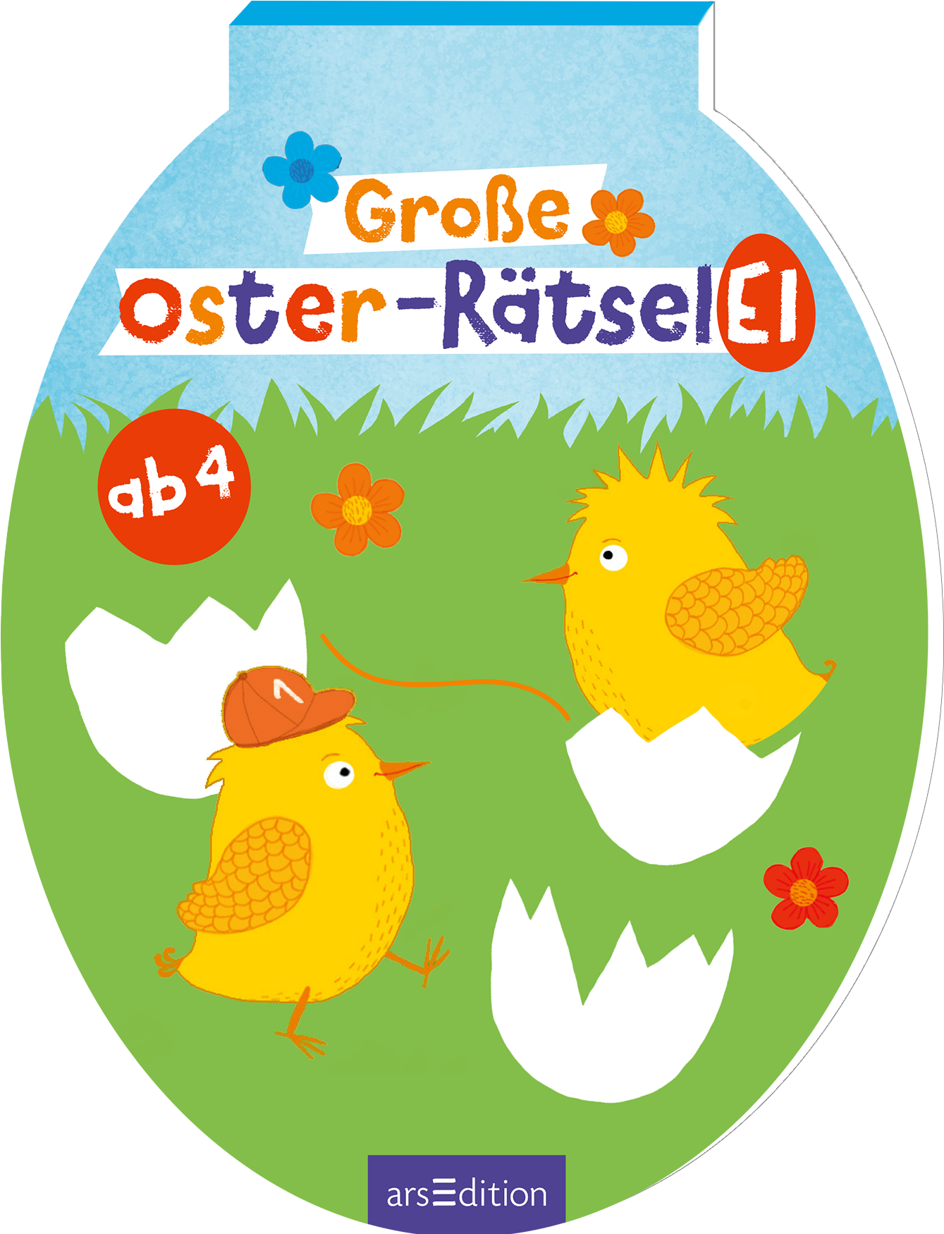Das Buchcover zeigt ein ovales, blaues Design, das an ein Osterei erinnert. Oben steht in bunten Buchstaben „Große Oster-Rätsel“ und darunter ist die Altersangabe „ab 4“ in einem roten Kreis. Auf der grünen Wiese befinden sich zwei niedliche, gelbe Küken, die aus Eierschalen schlüpfen; eines trägt eine rote Mütze. Bunte Blumen und Grashalme ergänzen die fröhliche Atmosphäre. Ganz unten mittig steht der Logoschriftzug von arsEdition.